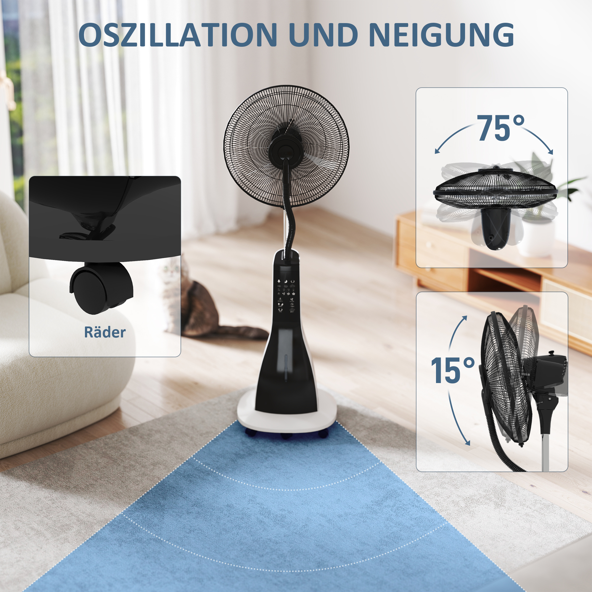 Ventilator mit Sprühnebel-Funktion, 75 Grad drehbar, 3 Geschwindigkeiten, 3 Modi, 3-Liter-Wassertank, Schwarz+Weiß