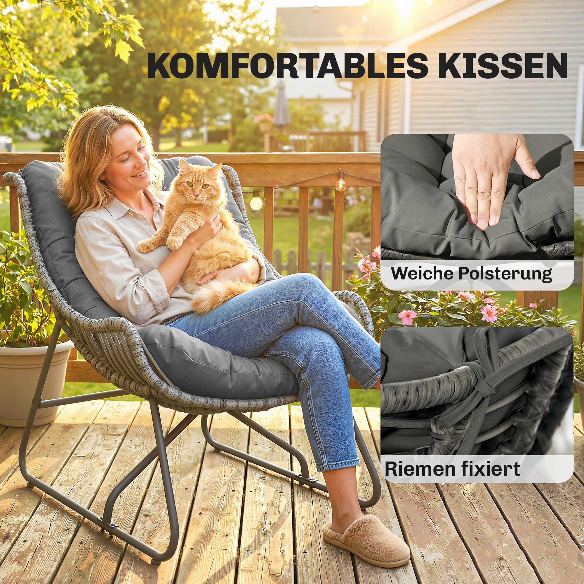 Rattansessel mit Kissen Bänder, gepolsterter Outdoor Sessel aus Polyrattan, Korbsessel bis 120kg