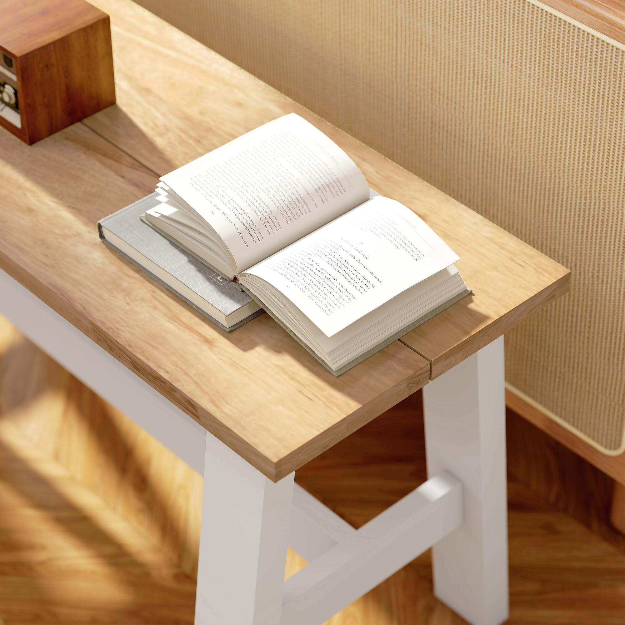 Sitzbank für 2, Holzbank in Eichenoptik, stabilisierende Querstange, für Wohnzimmer, Esszimmer, Flur, Kautschukholz, Weiß