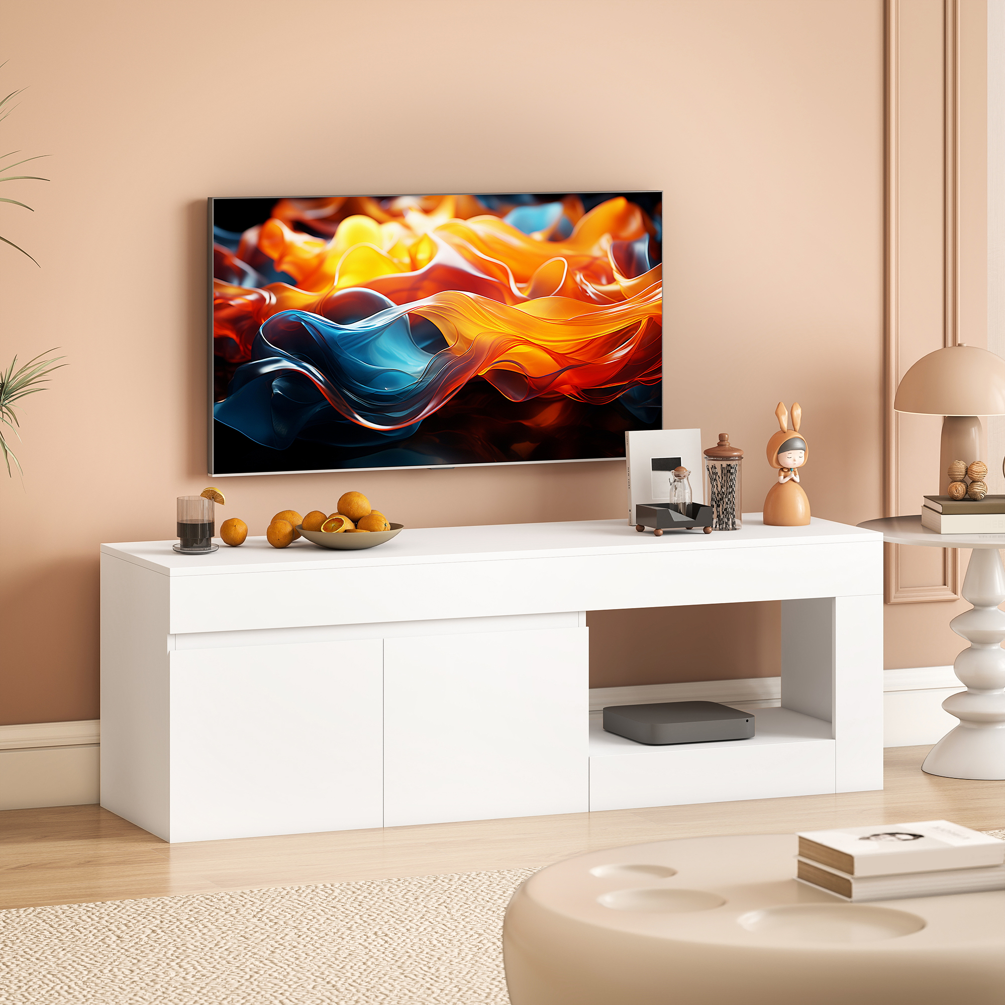 modernes TV-Lowboard fürs Wohnzimmer mit 2 Türen, offenem Fach und Griffen, für TVs bis 60 Zoll, 140 x 40 x 48 cm, Weiß