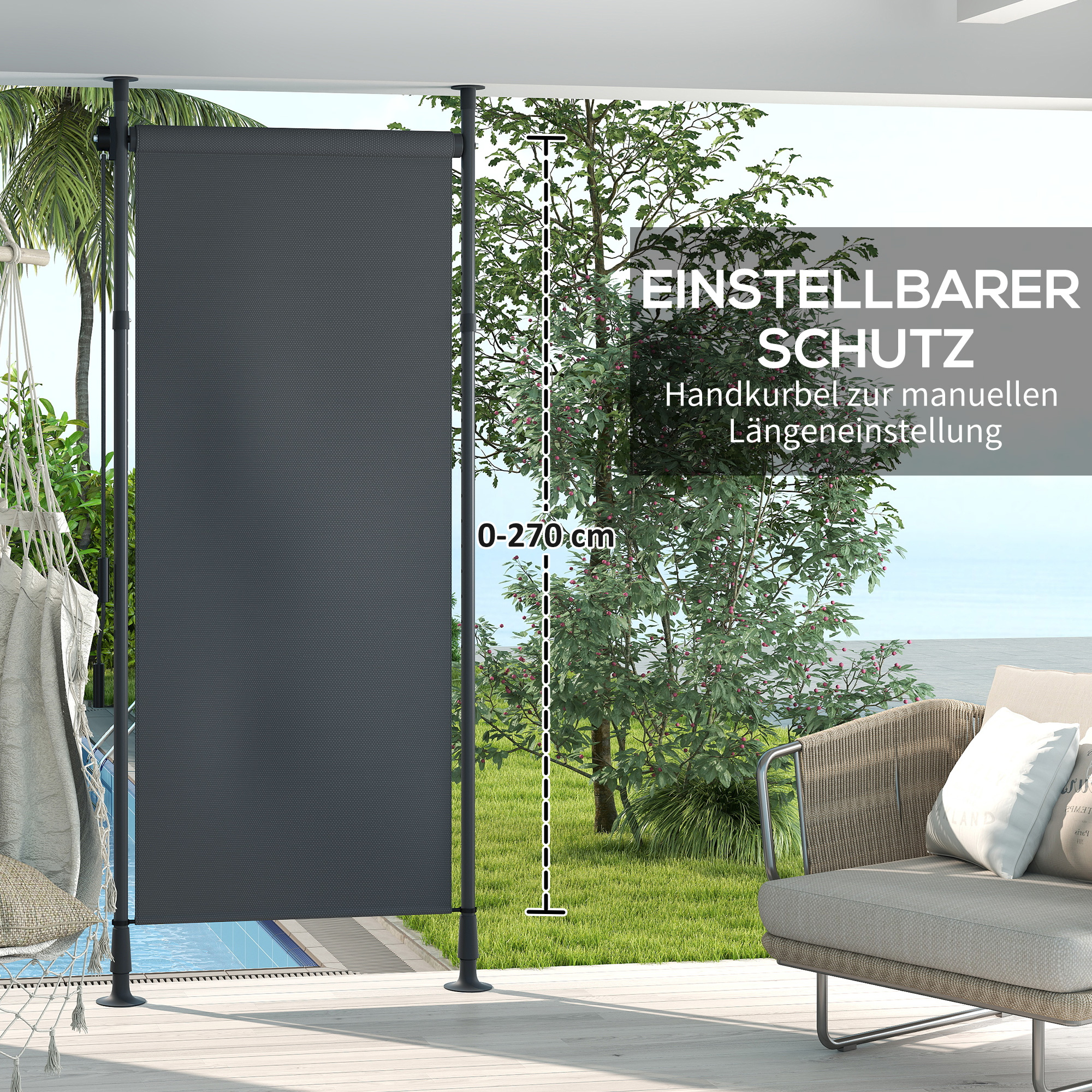 freistehende Markise, verstellbare Länge, Montage ohne Bohren, Aluminiumrahmen, 1,2 x 2,2-3,1 m, Dunkelgrau