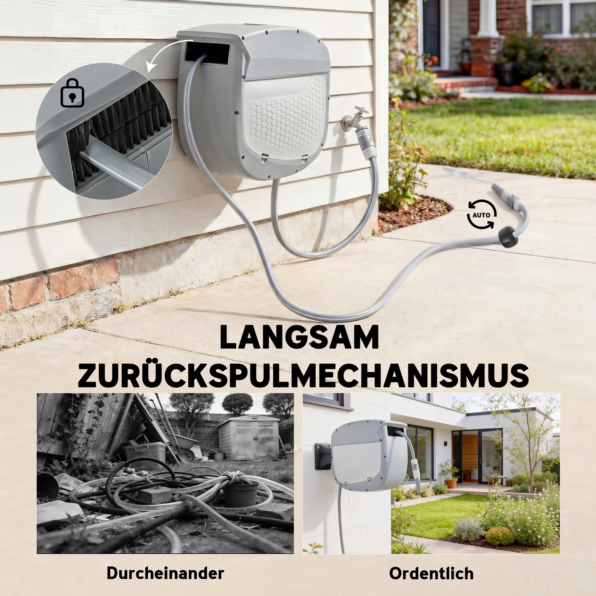 Schlauchtrommel mit Gartenschlauch 20 m, 180° schwenkbar Schlauchbox mit automatische Aufrollung Selbstverriegelung