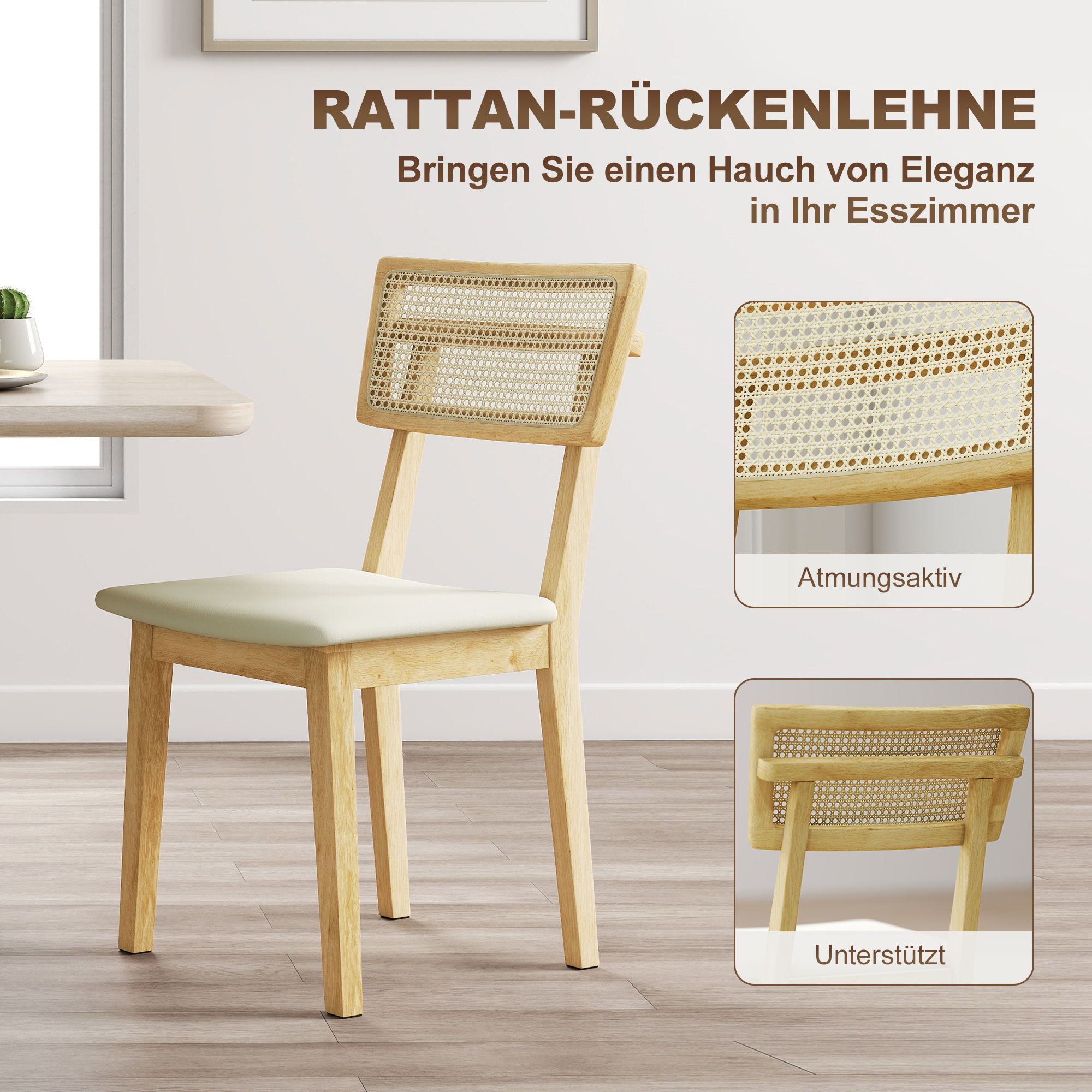 Esszimmerstuhl, Rattan-Rückenlehne, Kunstleder-Sitz, Kautschukholz, Naturholz
