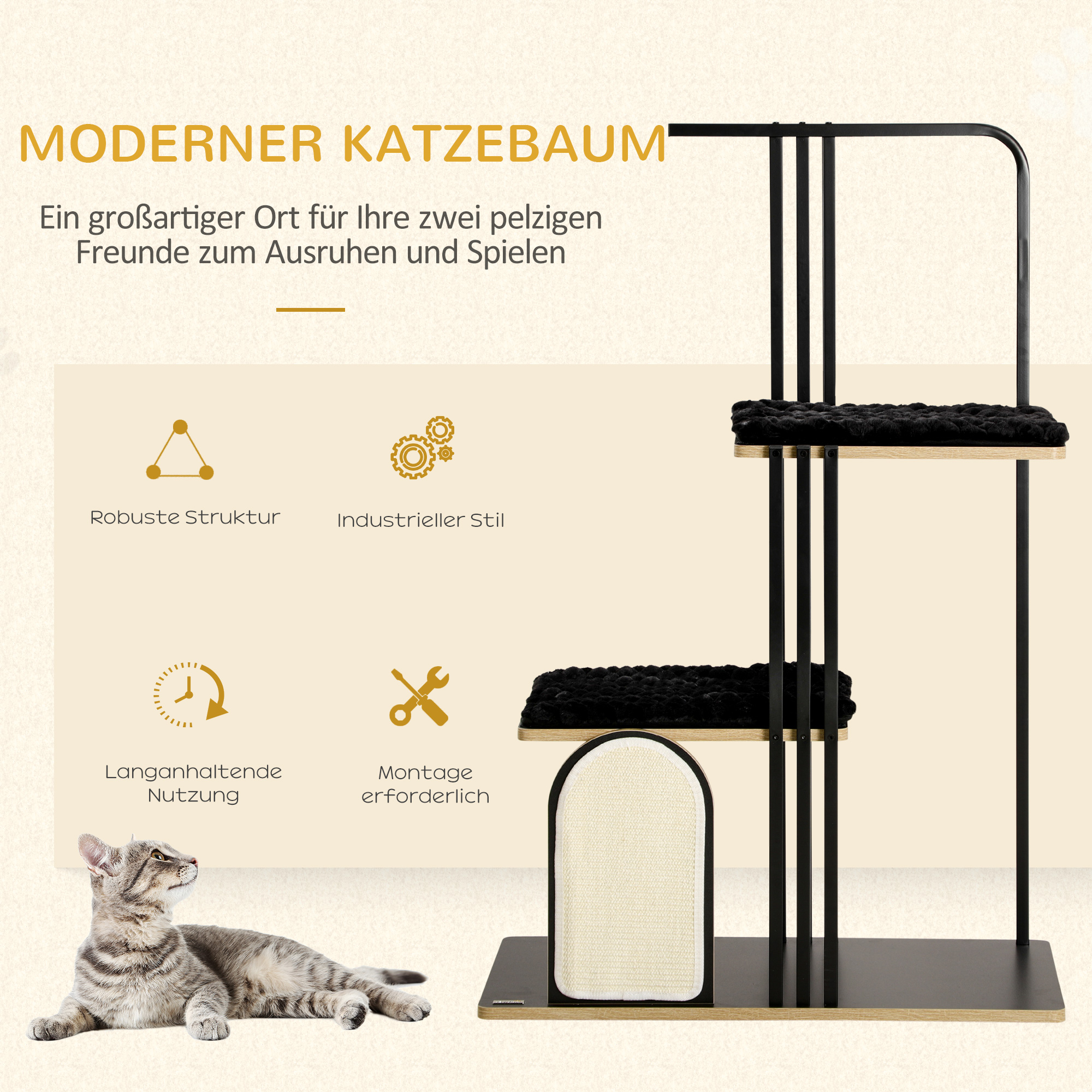 Kratzbaum, Industrial Design, 2 Plattformen, 2 Liegekissen, Kratzwand, Stahlrahmen, schwarz, 85 x 48 x 128 cm