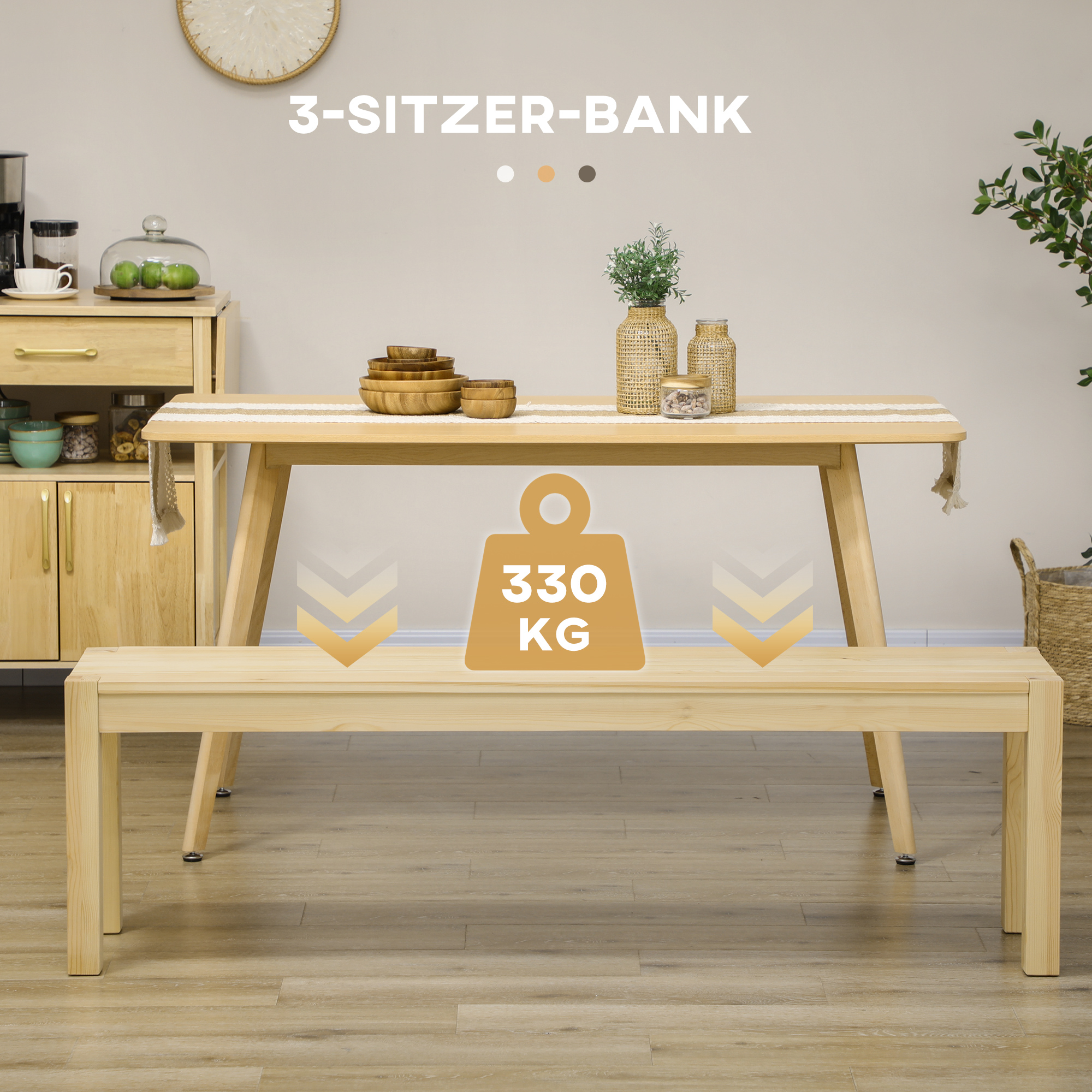 Sitzbank aus Massivholz, 3-Sitzer, Bank, Küchenbank, Kiefernholz, Natur