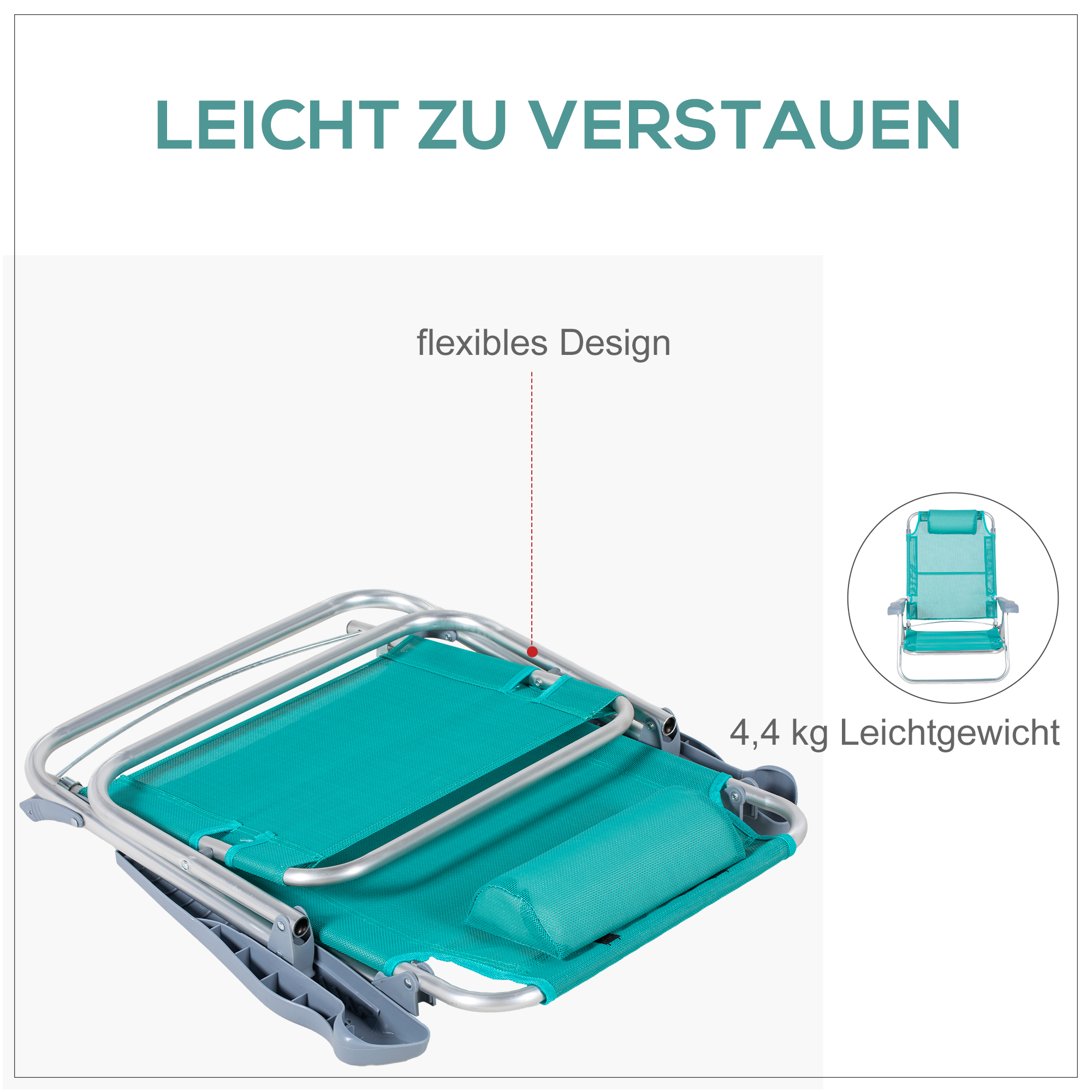 2er Set Campingstühle klappbar Campingstuhl mit 6-fach verstellbarer Netzrückenlehne Kopfstütze 62 x 65 x 80 cm Türkis