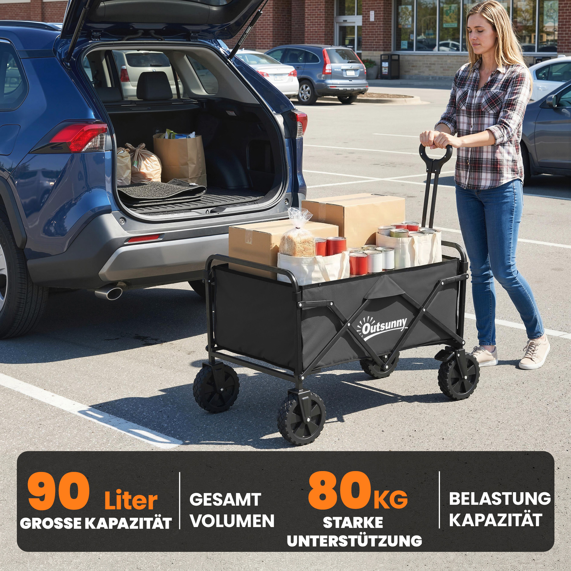 Bollerwagen faltbarer Handwagen Gartenwagen Transportwagen mit Griff Verstellbarer Griffhöhe Getränkehalter Schwarz