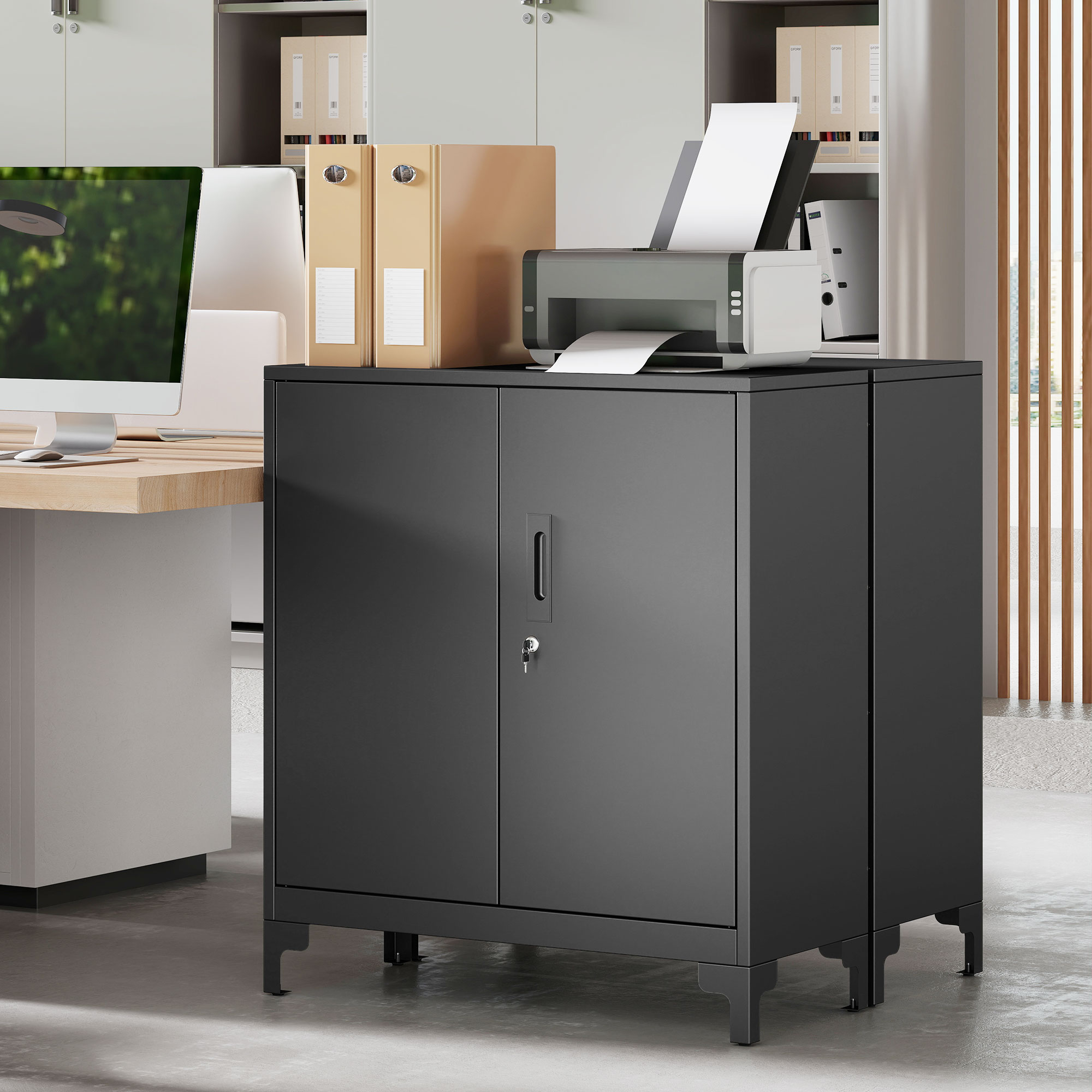 Büroschrank aus Metall, verschließbare Türen, Bürokommode, 2-stufiges Design, Schwarz
