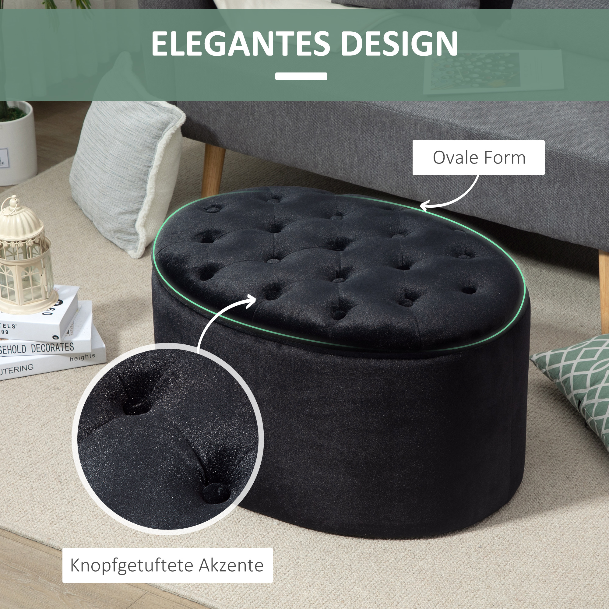 Sitzbank mit Stauraum Polsterbank mit Samtoptik, Sitztruhe Ovale Form, Truhenbank für Wohnzimmer Schlafzimmer Flur 71 x 52 x 42 cm, Schwarz