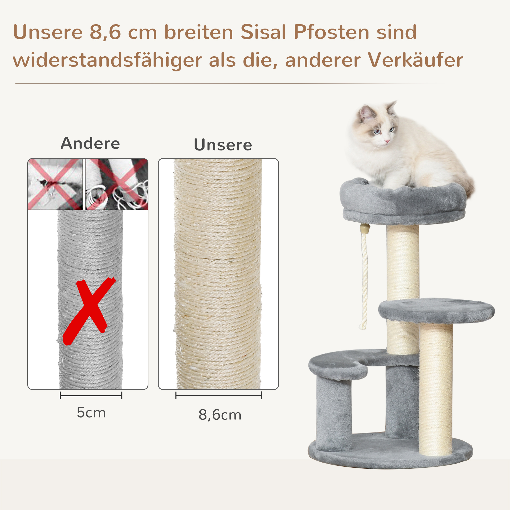 Kratzbaum 65 cm Kleiner Katzenbaum mit Katzenbett, Liegeplattform, Katzenkratzbaum mit Sisalsäulen Katzenmöbel für Katzen bis 3,5 kg, Grau