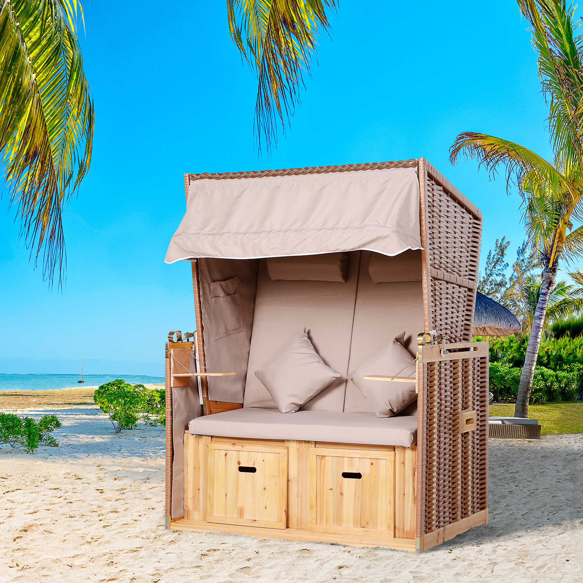 Strandkorb für 2 Personen mit neigbarer Rücklehne Beige 118 x 79 x 160cm