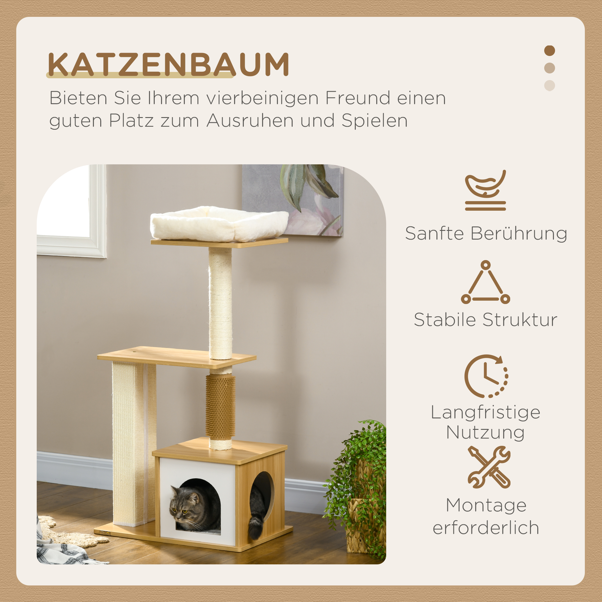 Kratzbaum Katzenbaum Katzenhöhle, 1 Katzenbett, 1 Liegefläche, 59,5 cm x 39,5 cm x 114 cm, Braun + Weiß