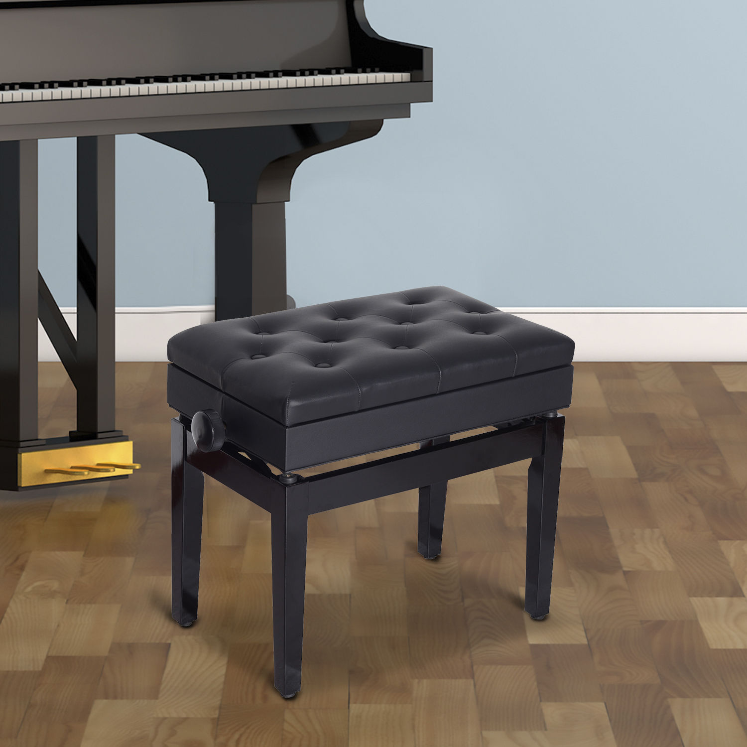 Klavierbank Höhenverstellbar Sitzbank mit Stauraum, Holzbeine, Klavierhocker aus Kunstleder, für Musikzimmer, belastbar bis 200 kg, 54,5 x 33 x 48-58 cm, Schwarz