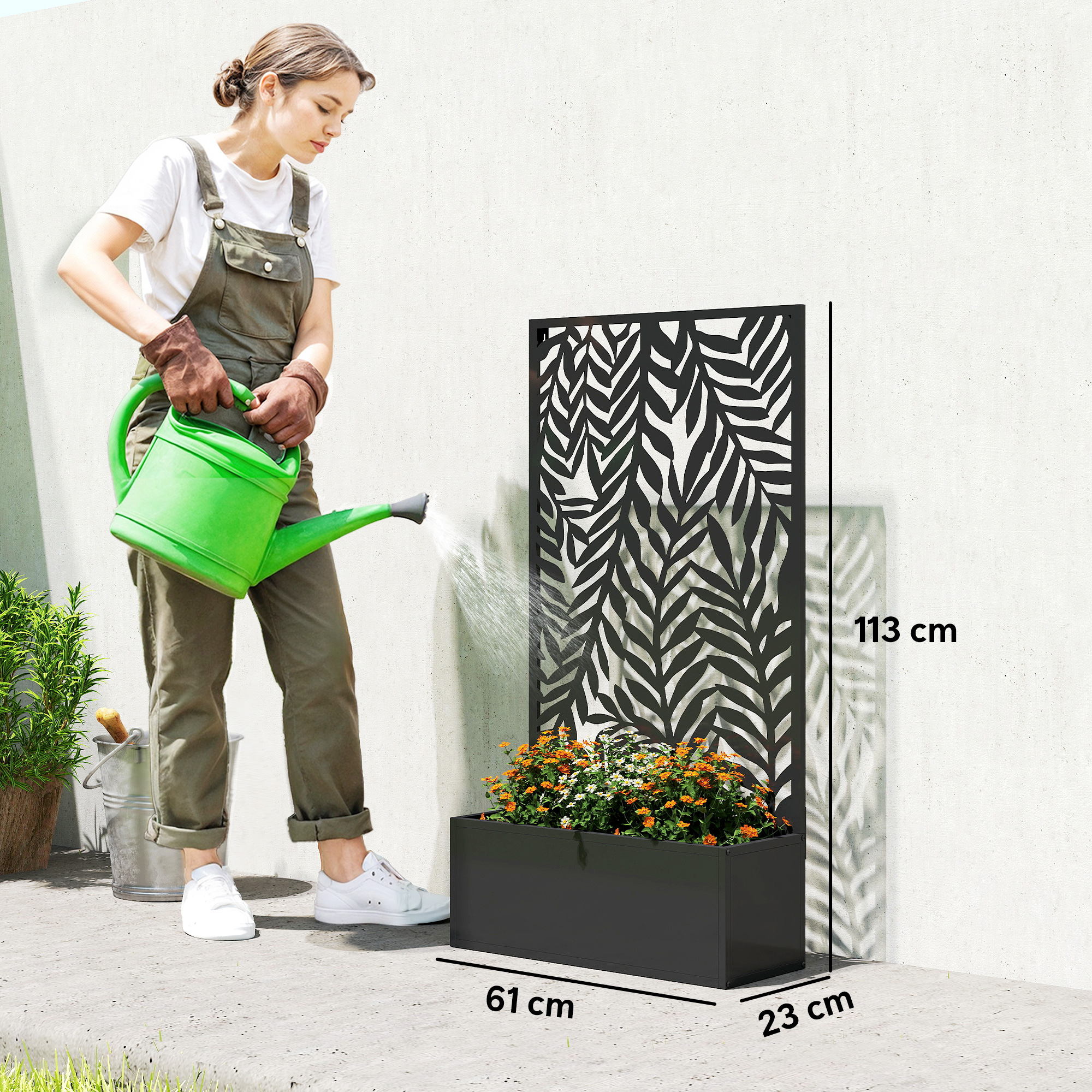 Blumenkasten mit Sichtschutz Pflanzkasten mit Rankgitter tropischen Blattmotiven 61 x 23 x 113 cm Schwarz