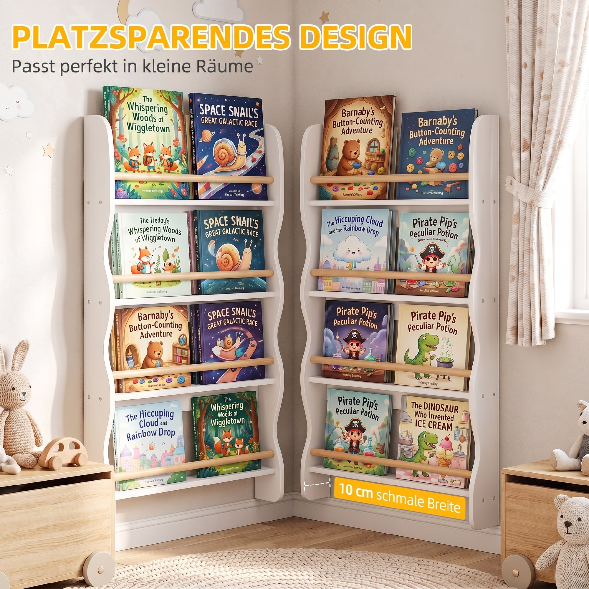 Bücherregal Kinder, Kinderregal mit 4 Regal, Wandregal mit Kippschutz Montessori 60 x 10 x 98 cm, Weiß