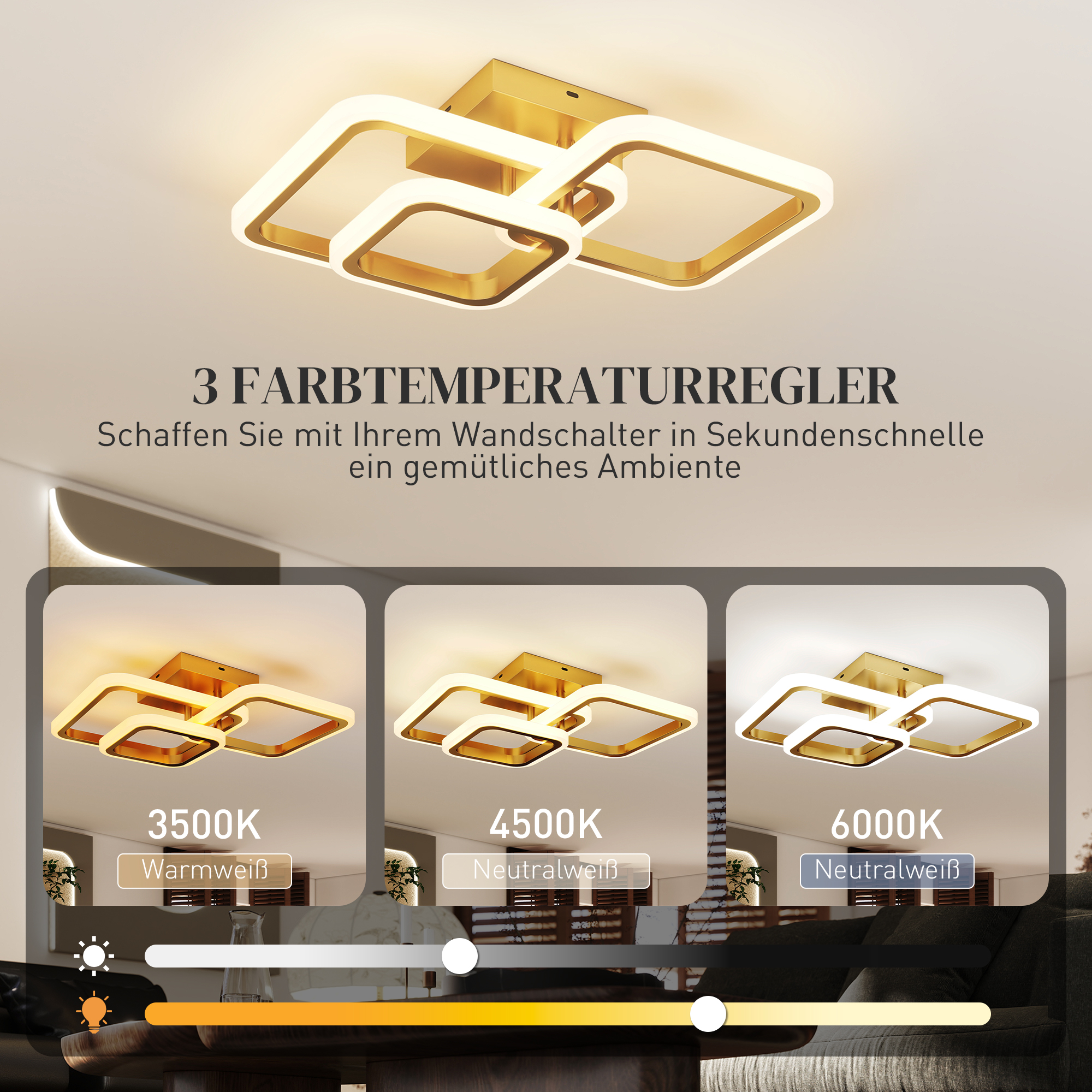 Deckenleuchte LED 40W 4300LM 3500K/4500K/6000K Deckenlampe 3-eckige Wohnzimmerlampe, 48 x 46 x 13 cm, Gold