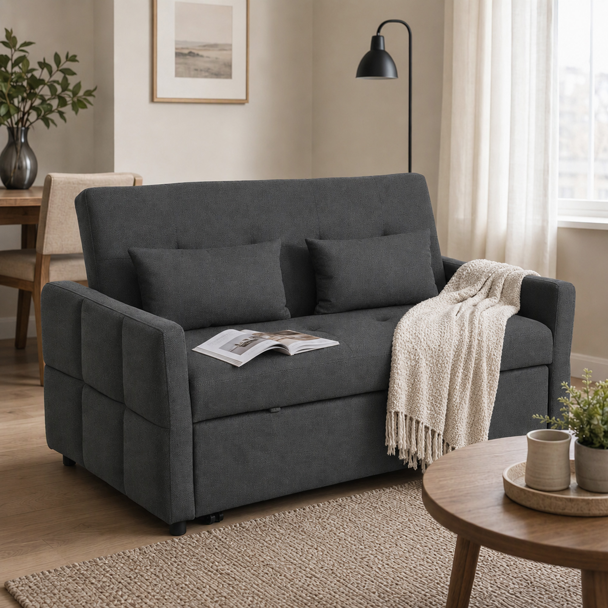 2-Sitzer-Schlafsofa, 3-in-1 Ausziehsofa mit verstellbarer Rückenlehne, breiter Sitzfläche, Dunkelgrau