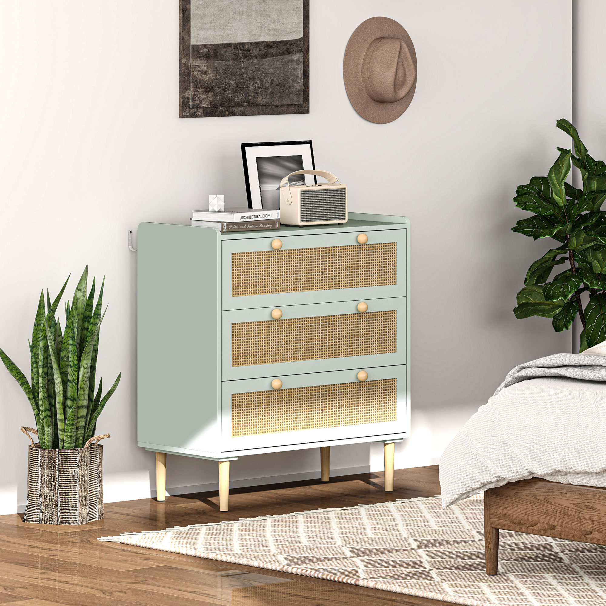 Schlafzimmer-Kommode mit 3 Schubladen, Rattan-Fronten, Kleiderkommode für Flur, Eingangsbereich, MDF, Grün