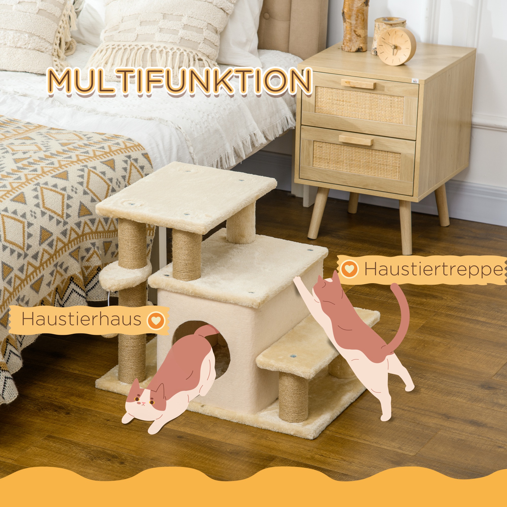 Haustiertreppe, Kratzbaum, 4 Stufen, Spielball, Häuschen, höhenverstellbar, 60 x 40 x 66 cm, Beige