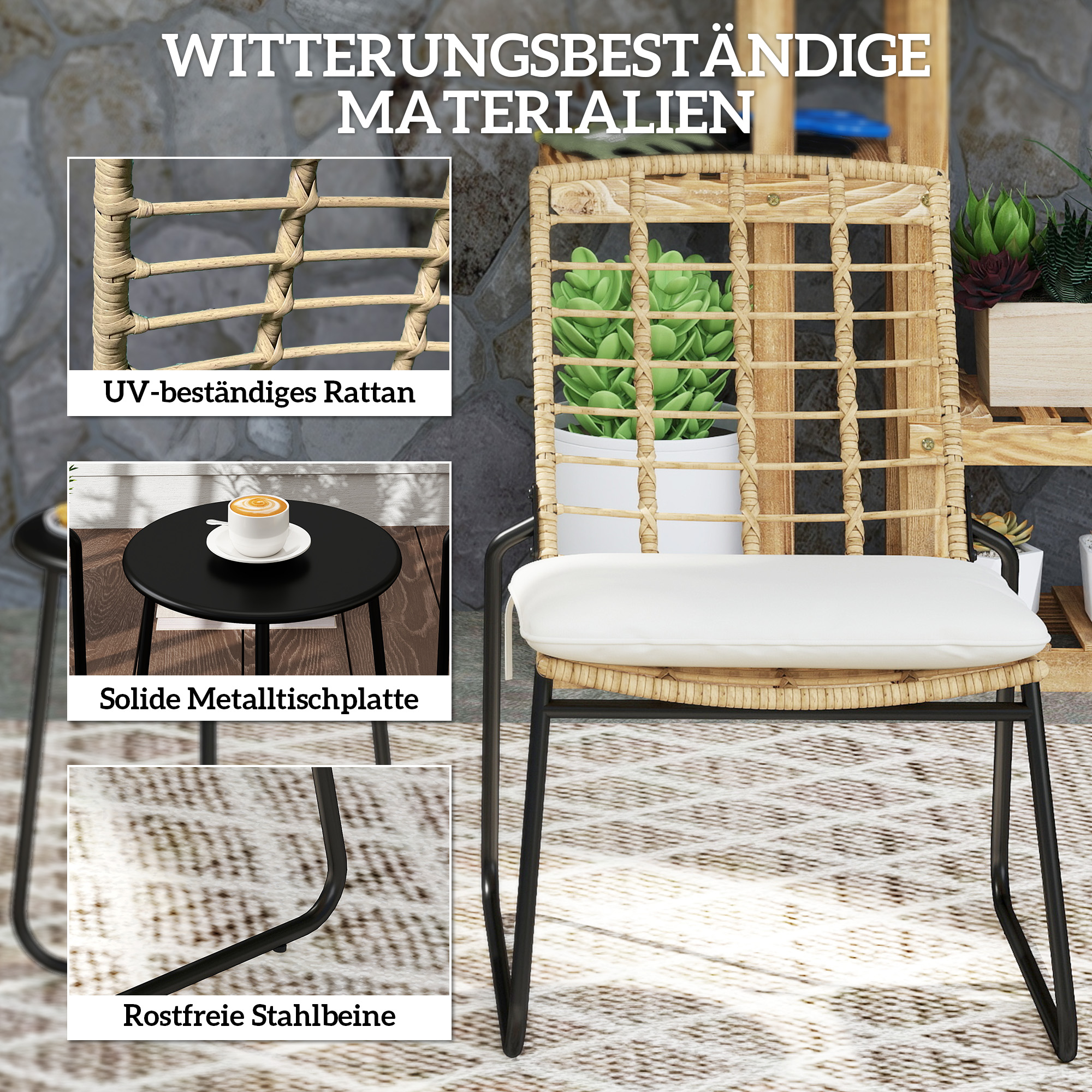 3-teiliges Gartenmöbel-Set, 2 Rattan-Stühle, 1 Tisch mit Metallplatte, Sitzkissen, Bistro-Set, Beige & Braun