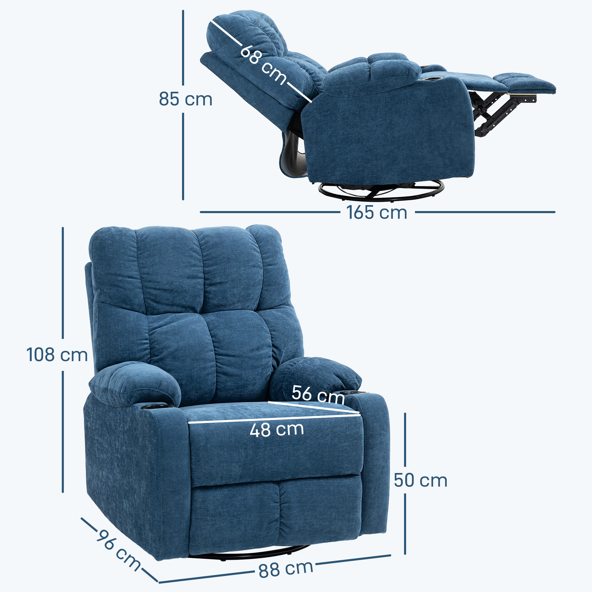 Relaxsessel mit Fußstütze, Liegesessel, drehbar, bis 150 kg, Stahlrahmen, 88x96x108cm, Dunkelblau