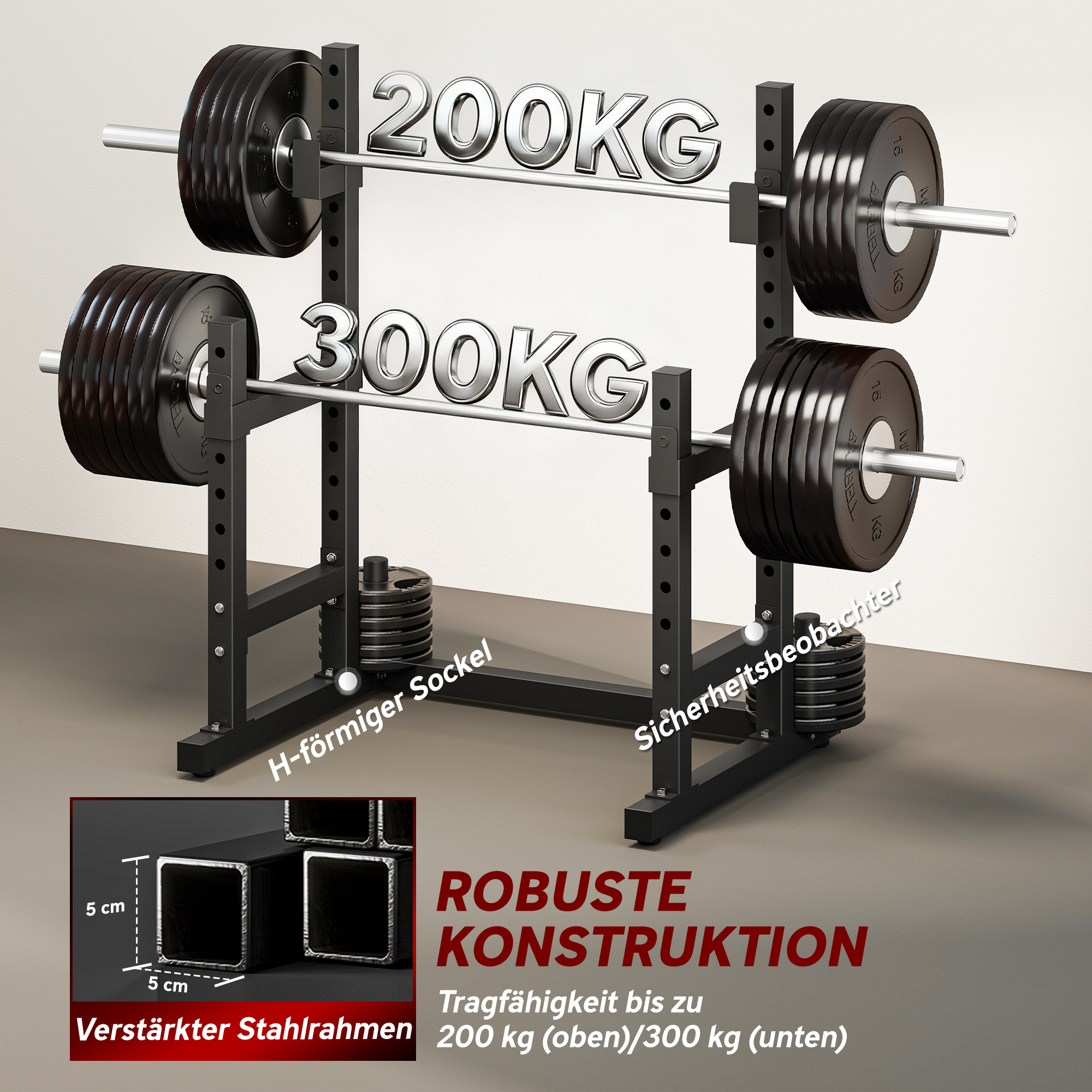 Hantelständer 2 Ebenen Hantelscheibenständer aus Stahl Langhantelablage bis 300 kg Schwarz