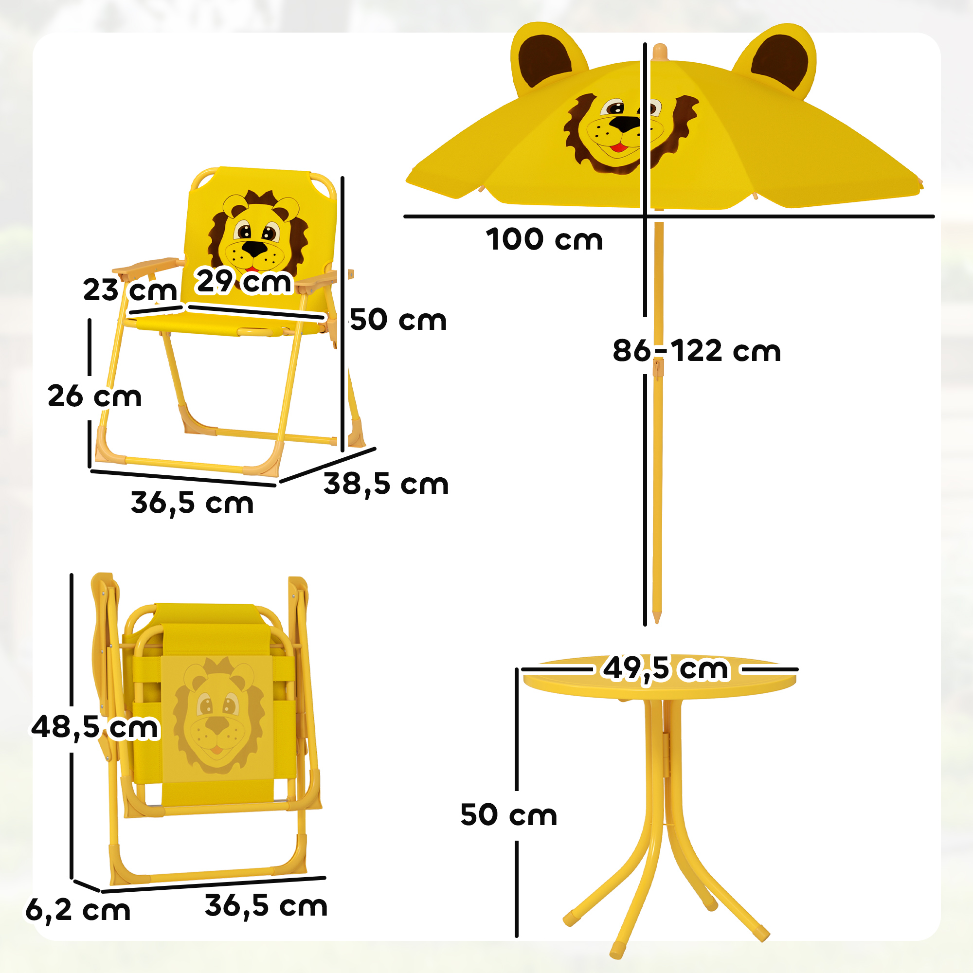 Gartenmöbel-Set für Kinder, Stühle, Tisch, Sonnenschirm, Löwen-Design, Gelb