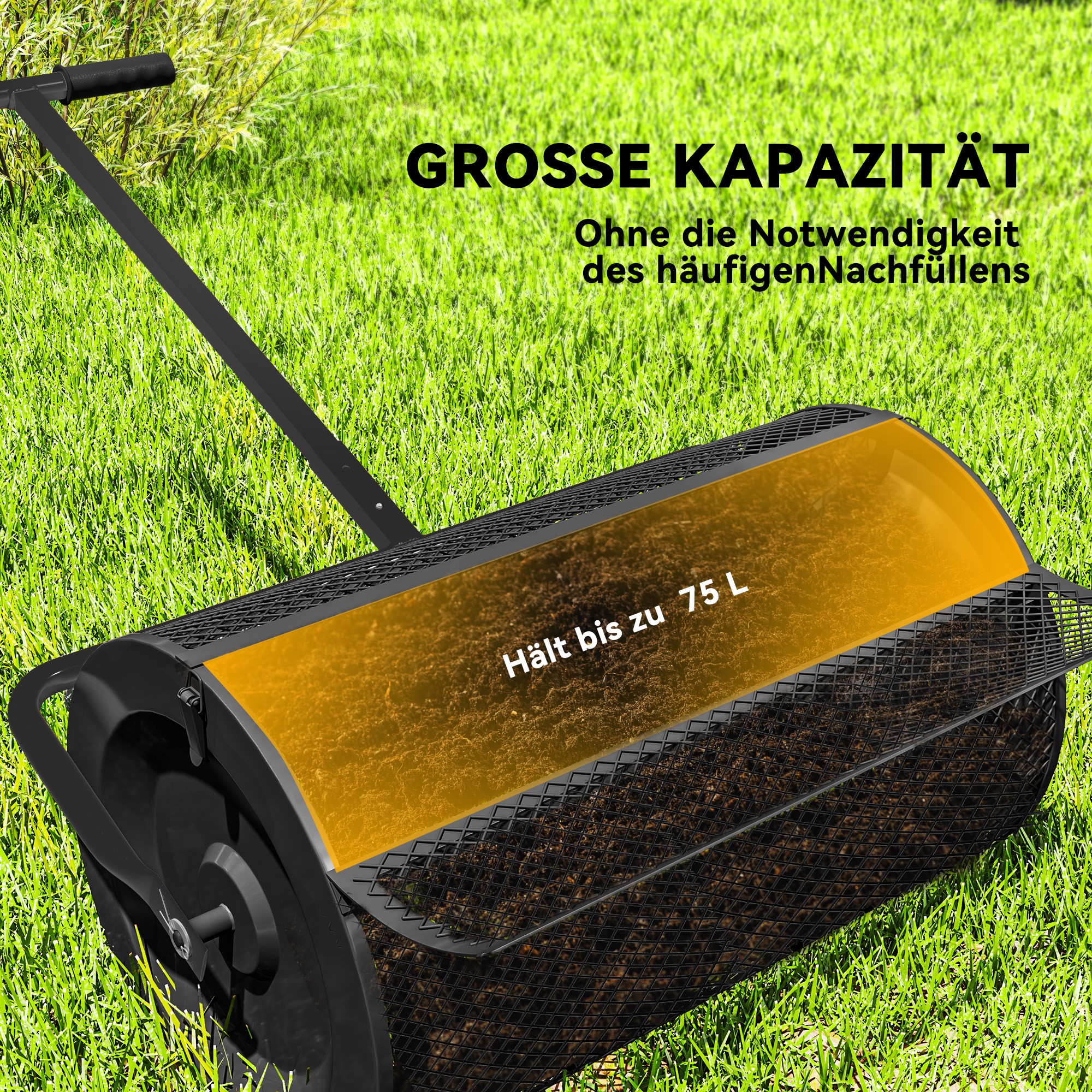 Kompoststreuer 75L 61x40cm Düngerstreuer Rasen Garten mit T-Griff Mesh-Korb Metall Schwarz