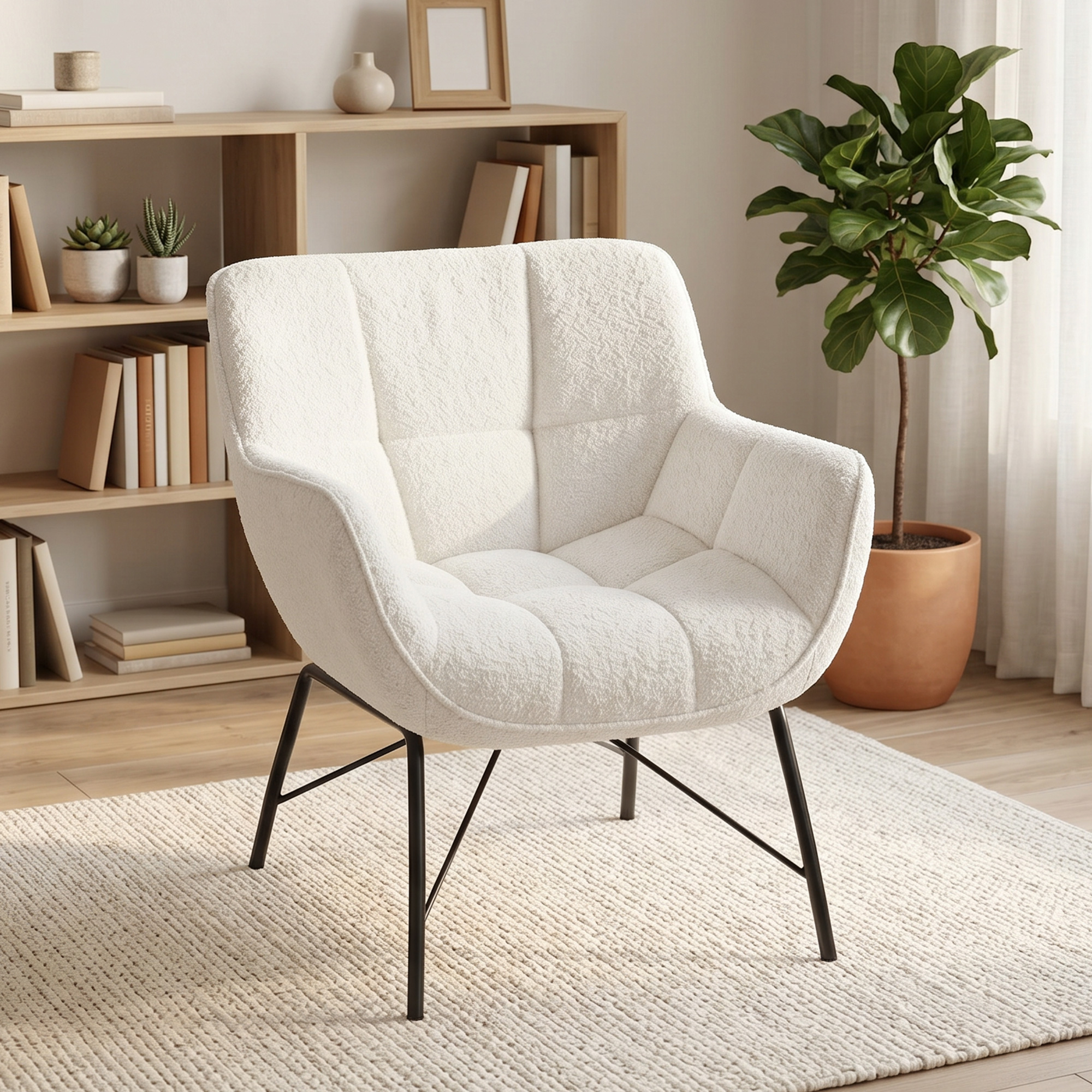 moderner Loungesessel, Sherpa-Fleece Sessel mit gebogener Rückenlehne, integrierten Armlehnen, Metallbeinen, Cremeweiß