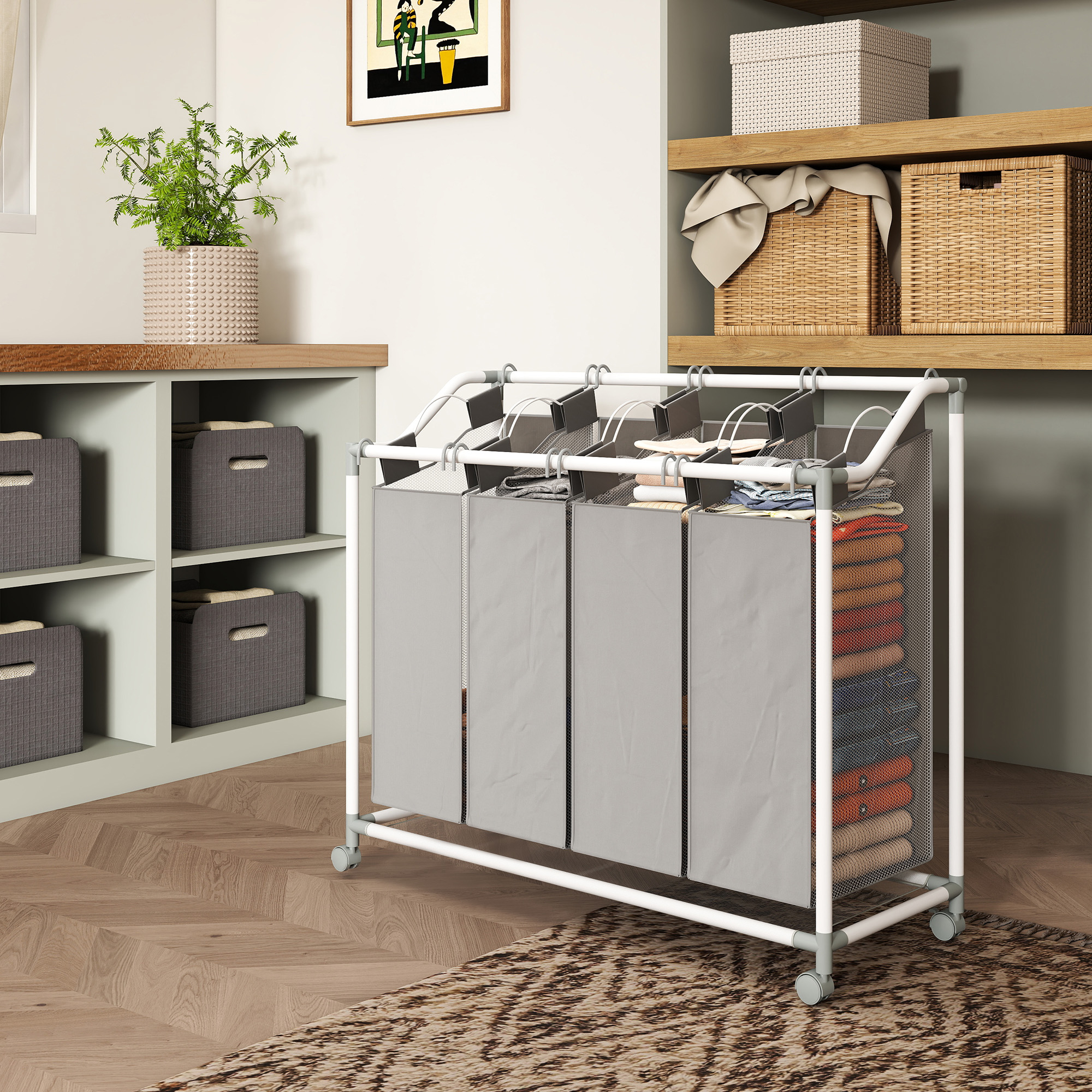 Wäschekorb mit 4 Fächer 160 L Wäschesammler mit Rädern, herausnehmbarer Wäschesack, 97 x 38 x 81 cm, Grau