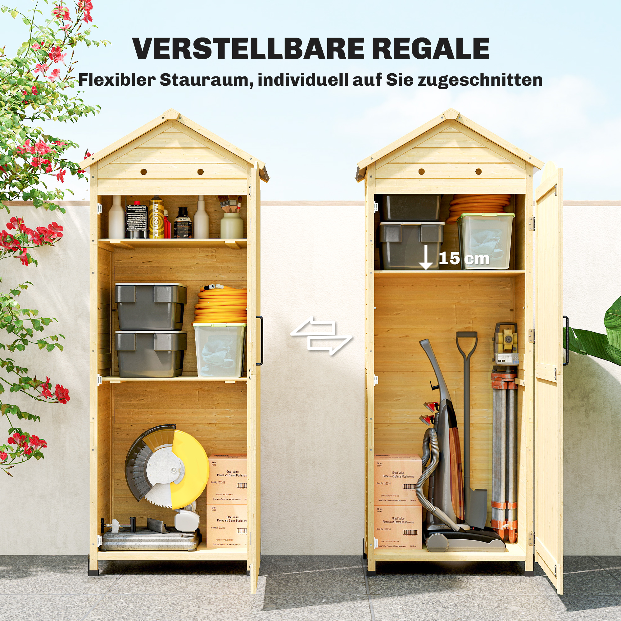 Gartenschrank Holz extra hohe Geräteschuppen mit verstellbar Ablage magnetisch Tür galvanisiert Dach Belüftung