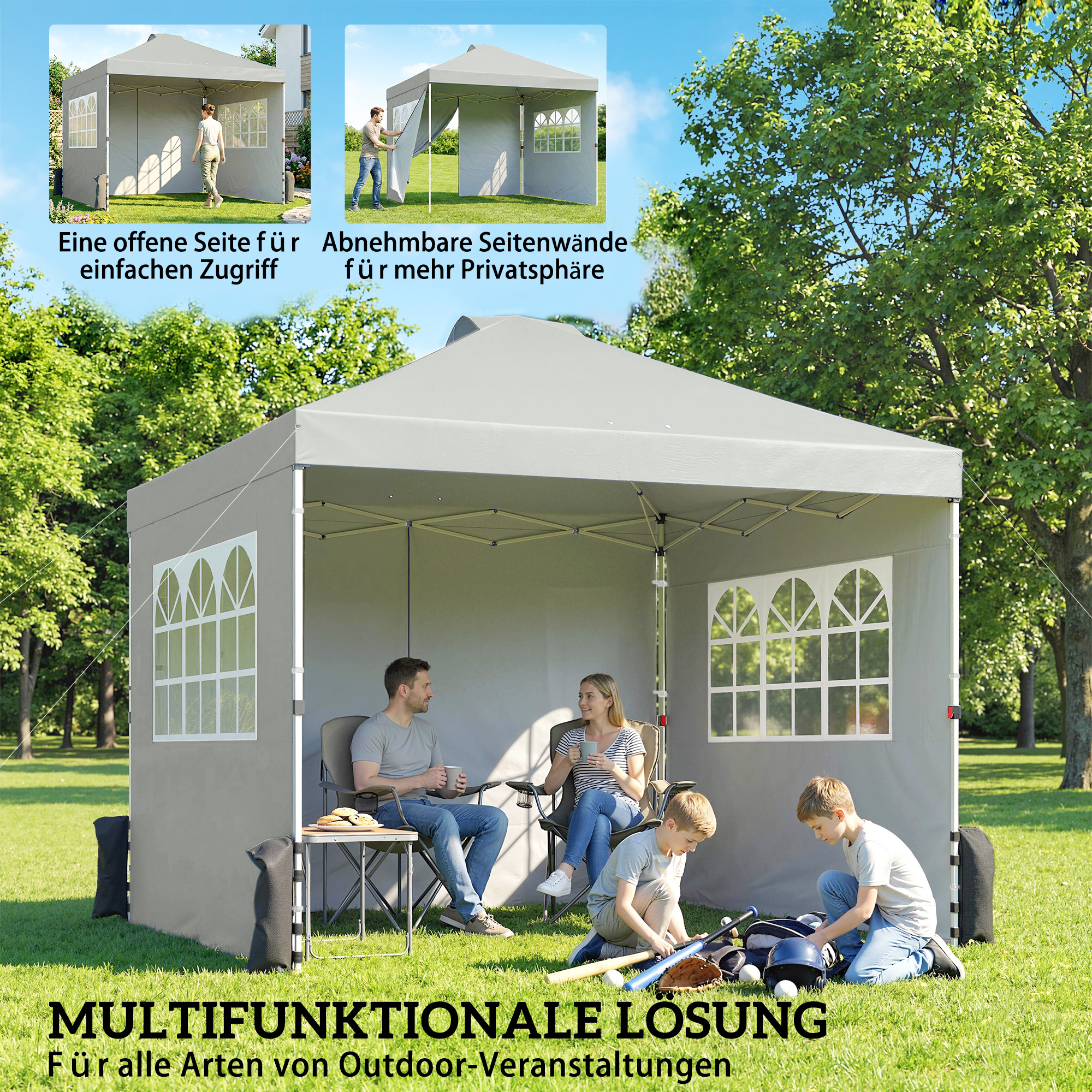 Pavillon ca. 3x3 m Wasserdicht Höhenverstellbar Pop-up Faltpavillon mit 3 Seitenwänden Fenster Lüftung, UV 50+ Hellgrau