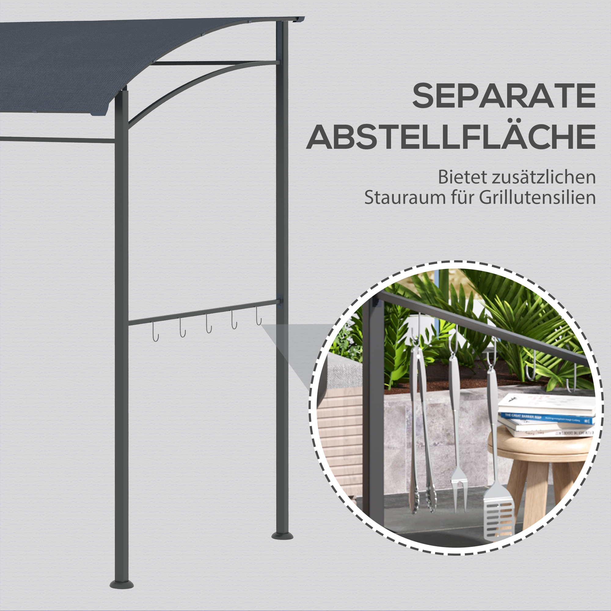 Grillpavillon, Grillüberdachung, Regenschutz, Haken für Utensilien, Stahlrahmen, grau, 215 x 150 x 174/220 cm