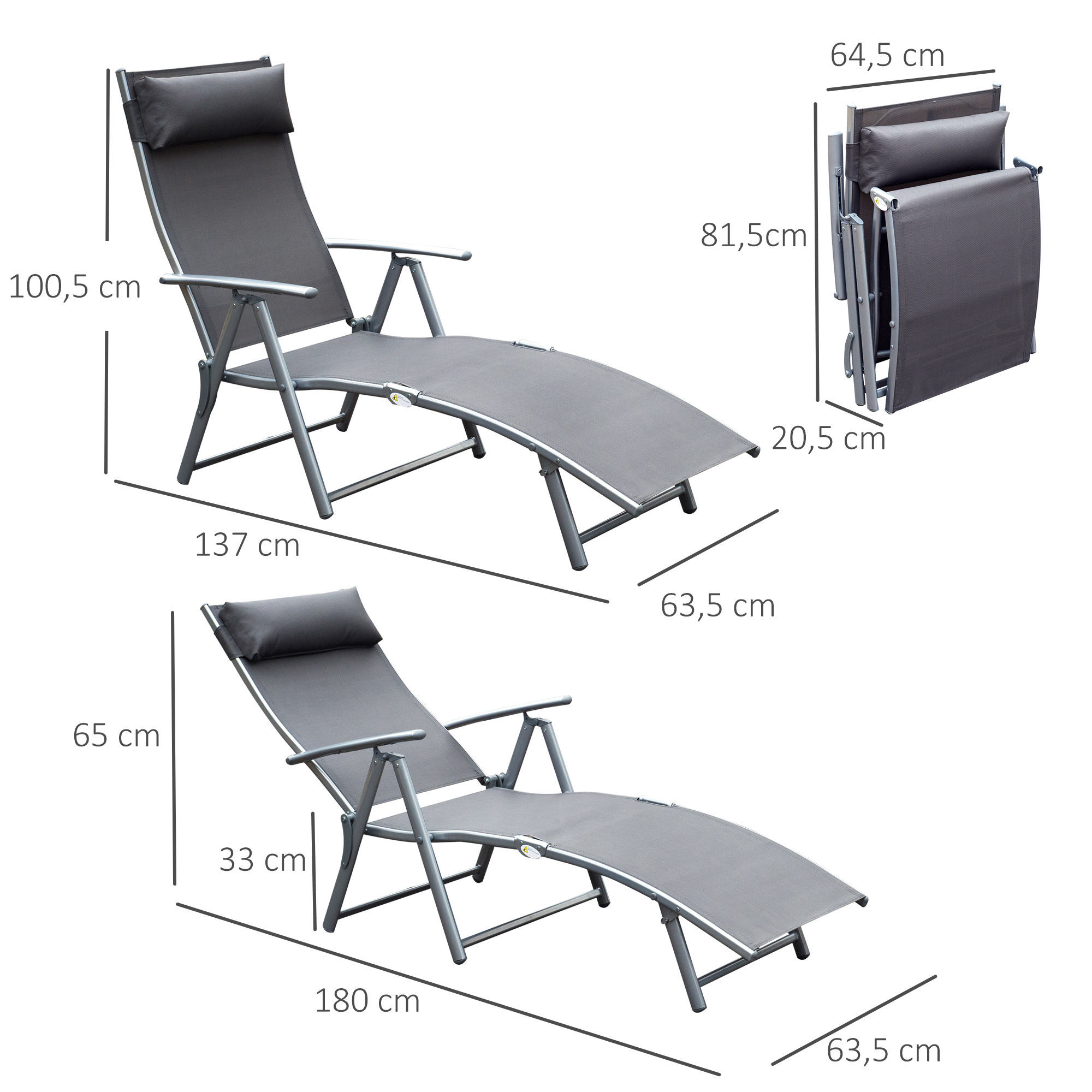 Sonnenliege klappbar Strandliege mit Kissen Liegestuhl mit 7-Fach verstellbare Rückenlehne Gartenliege Relaxliege Gartenstuhl bis 165 kg belastbar, für Garten Urlaub Outdoor Strand Pool, Grau