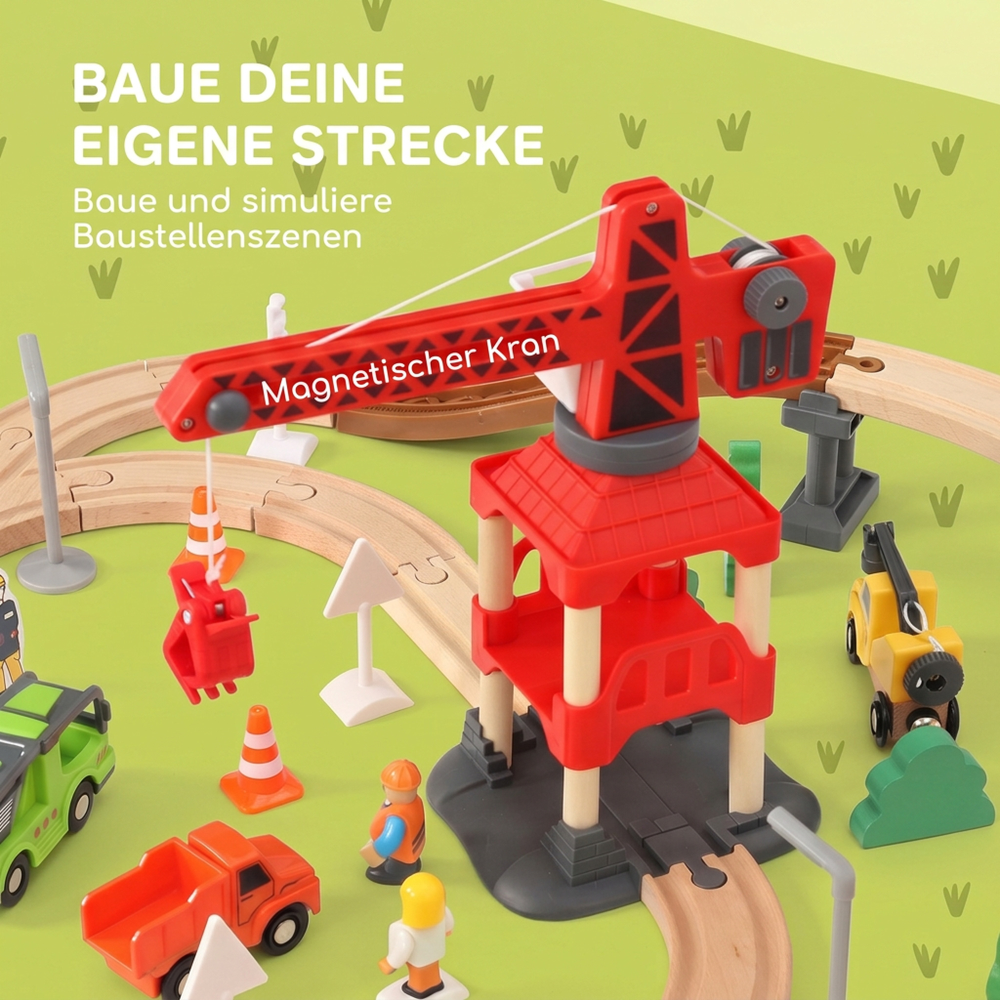 Holzeisenbahn Set 91 Stück Eisenbahn Set mit Kran Zügen Baufahrzeugen, Schienen Brücke für Kinder ab 3 Jahren