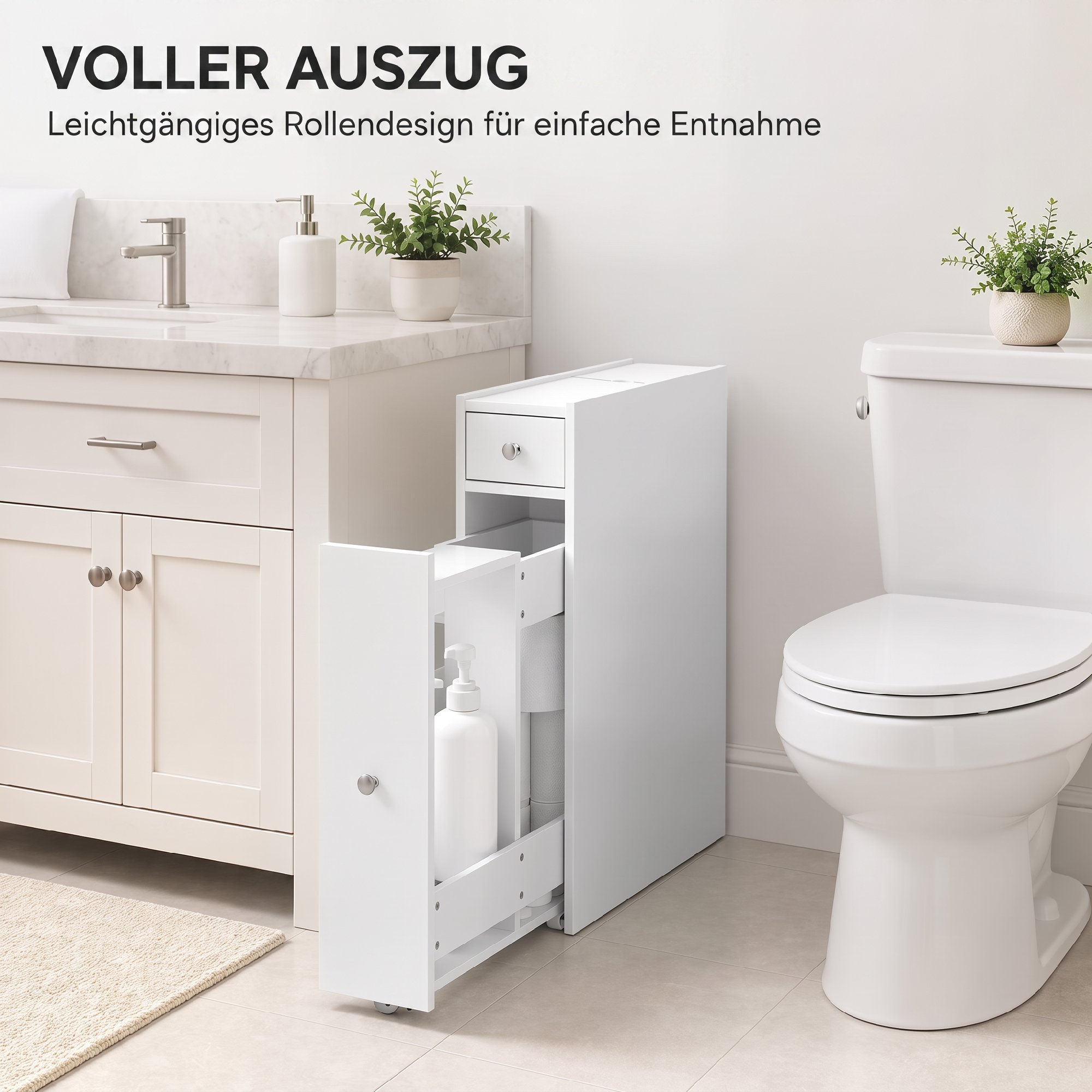 schmaler Badezimmerschrank, Badschrank stehend mit 2 Schubladen, Weiß
