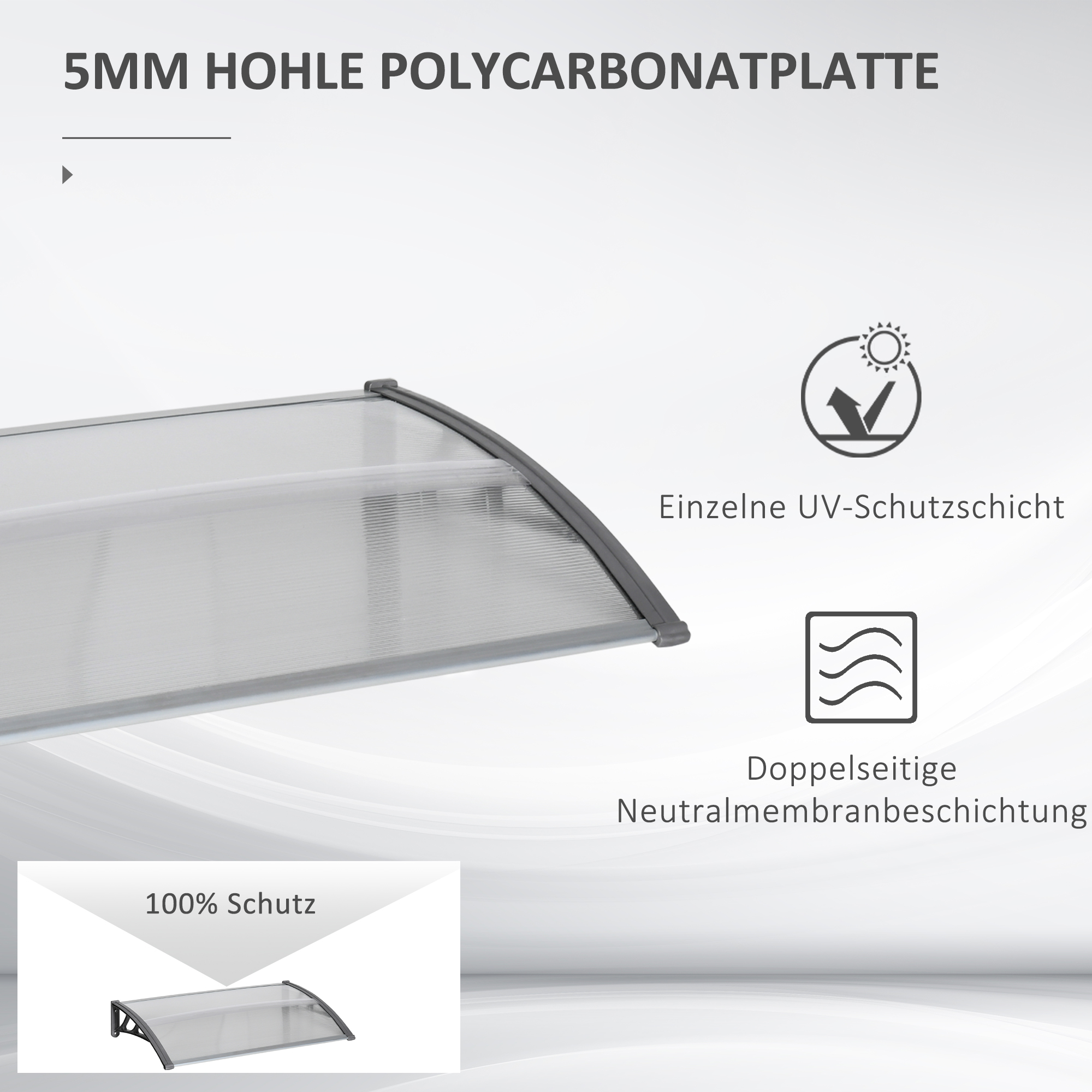 Türüberdachung, Schutz vor Regen, Wind und Hagel, Polycarbonat, Aluminium-Verbindungstangen, 110 x 60 x 18 cm, Grau