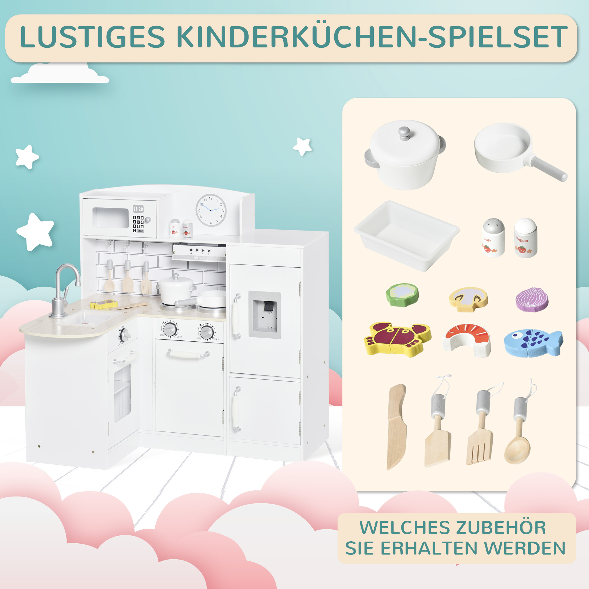 Spielküche, 14-tlg. Zubehör, elektr. Wasserspender, 86 x 64 x 84,5 cm, Weiß