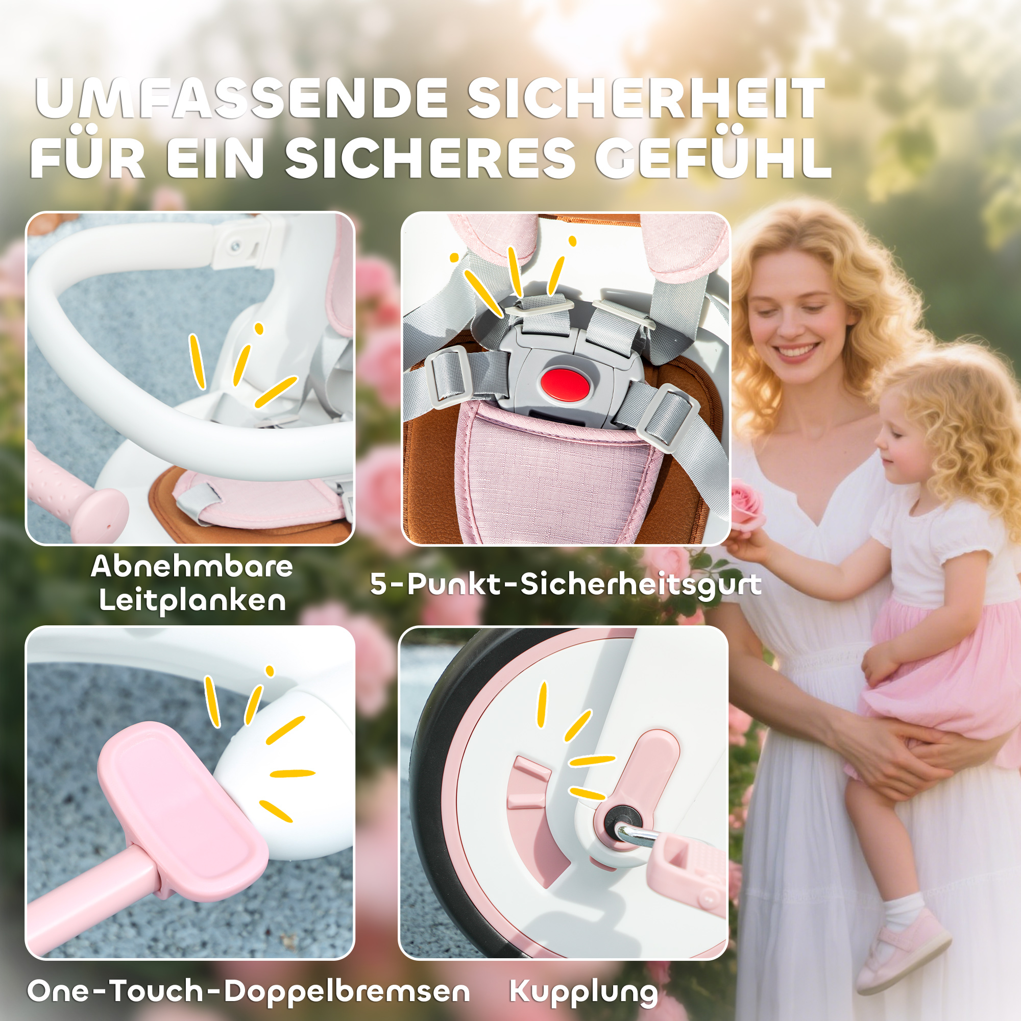 Kinder-Dreirad, wandelbarer Baby-Buggy, 5-in-1 Design, abnehmbarer Schiebegriff, verstellbar, Sicherheitsgurt, Aufbewahrungstasche, 1-3 Jahre, Rosa