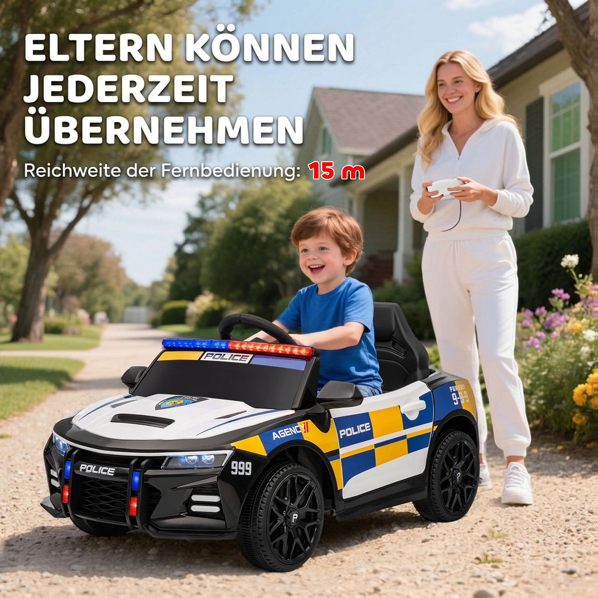 12V Kinder Elektroauto Polizei Polizeiauto mit Fernbedienung Sirene Warnlicht Musik & Hupe Doppelmotoren Federung Weiß