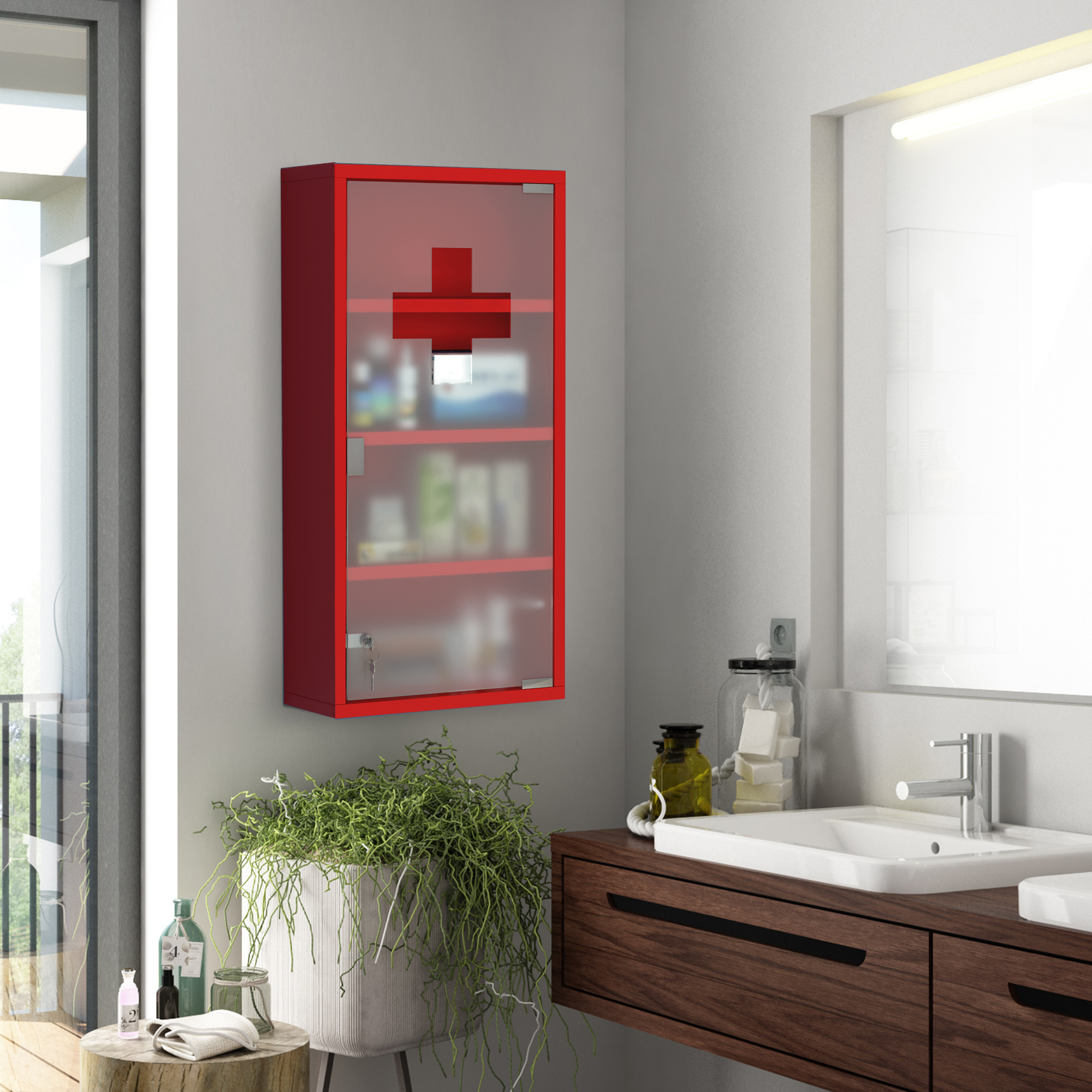 Medizinschrank aus Stahl Arzneischrank zur Medikamenten-Aufbewahrung, Abschließbar Apothekerschrank mit 4 Fächer, Glastür, 60 x 30 x 12 cm, Rot