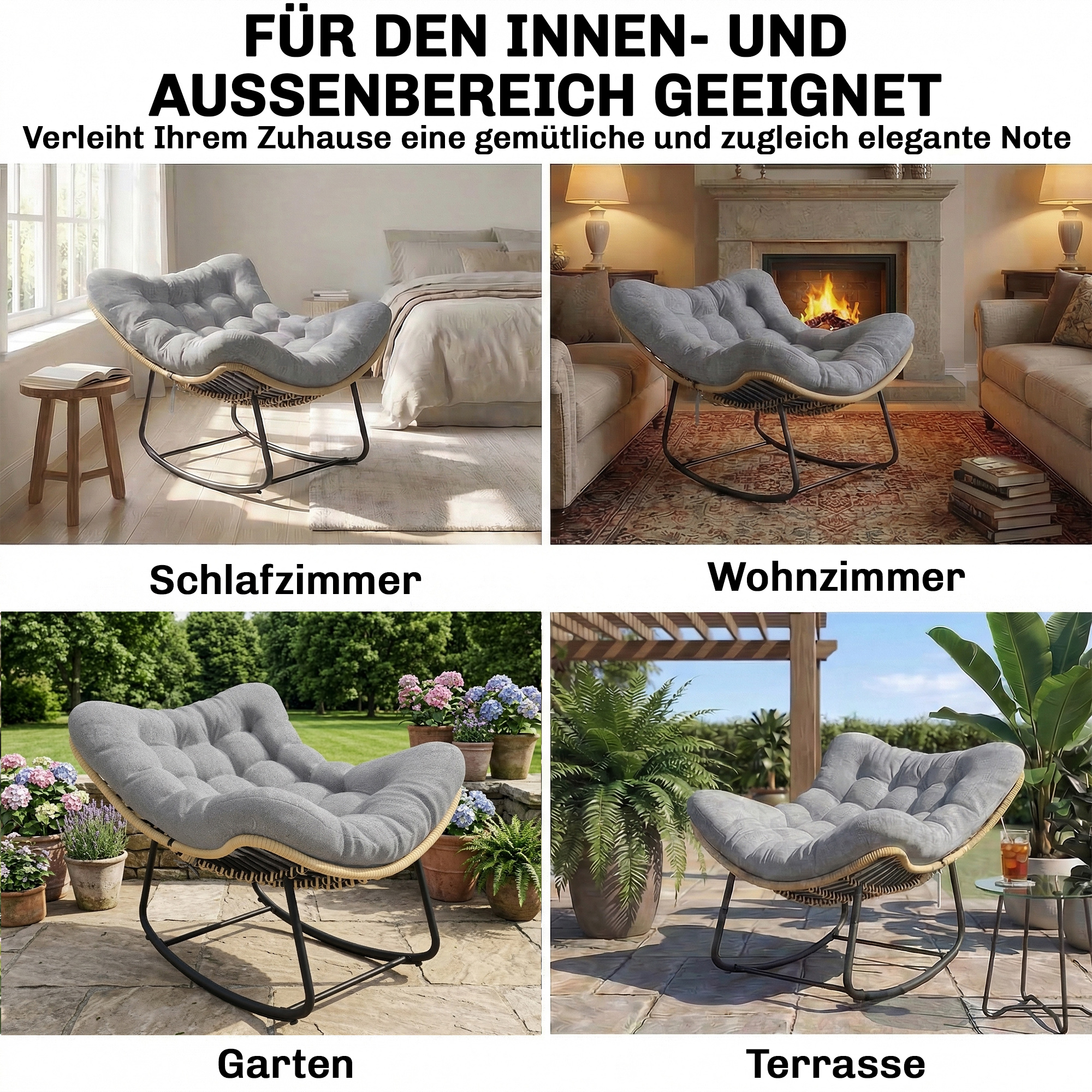 Rattan Schaukelstuhl Gartenliege mit dicke Kissen, Gartenschaukel bis 120 kg Indoor Outdoor 87 x 110 x 70 cm Grau
