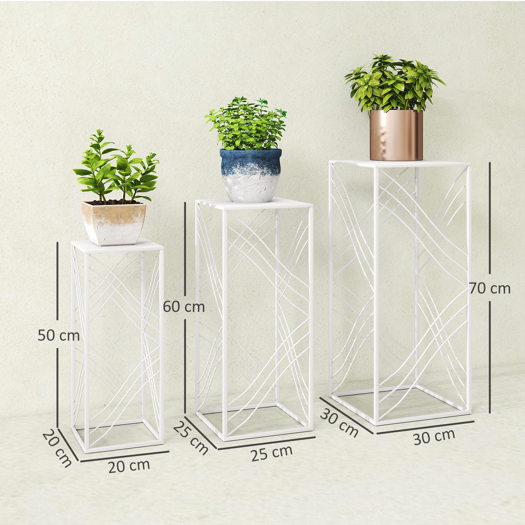 3er-Set Pflanzenständer, 50/60/70 cm hoch Blumenständer, stapelbar Pflanzenregal aus Metall Weiß
