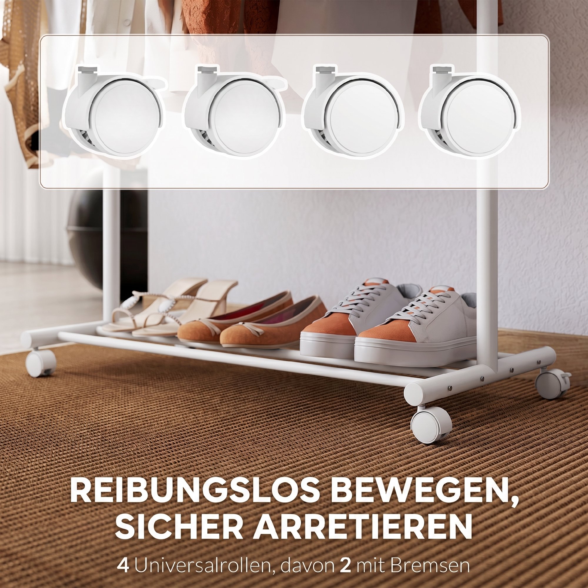 Kleiderständer mit Rolle, mobiler Garderobenständer mit Kleiderstange, 5 Haken, Schuhregal Weiß
