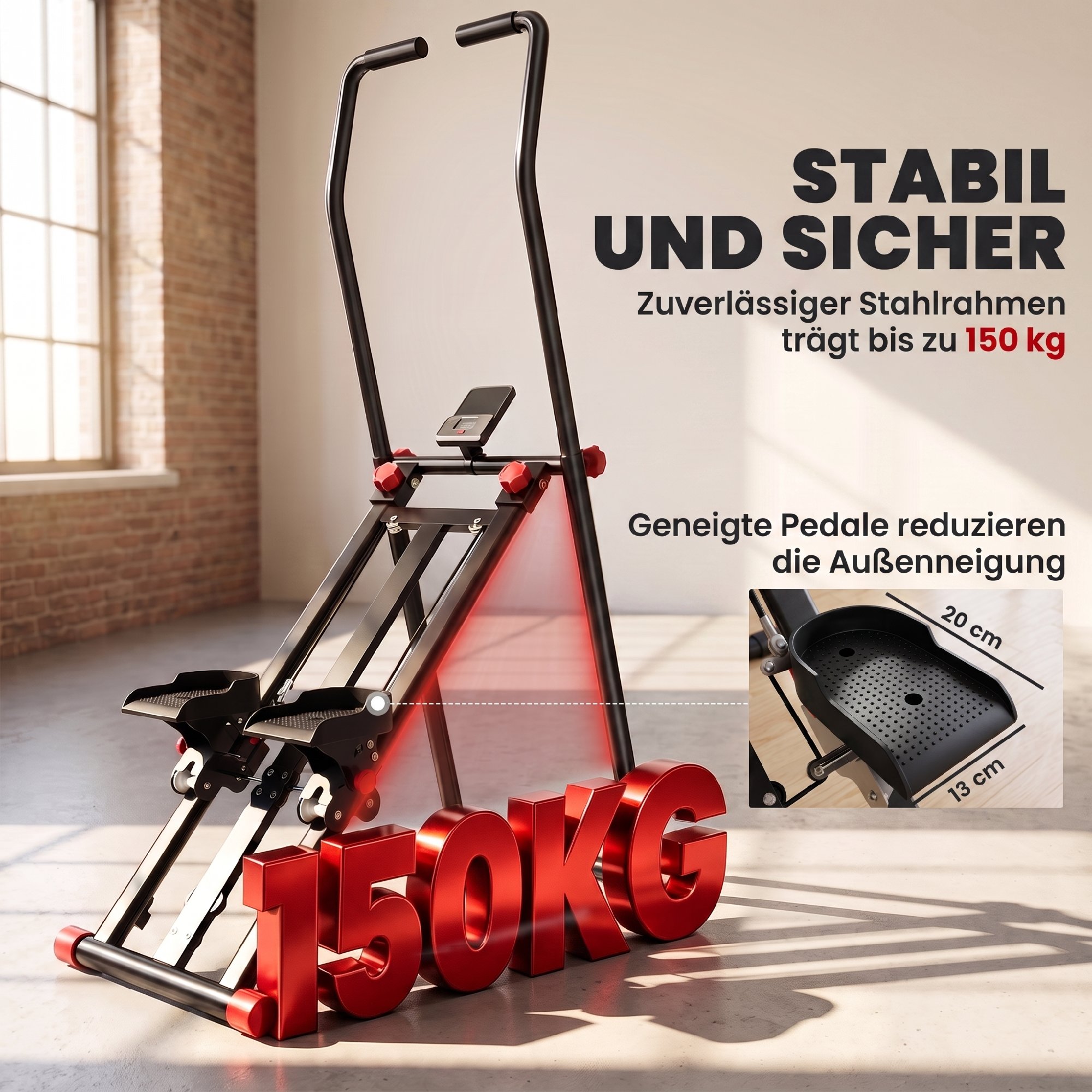 Treppenstepper für Zuhause, klappbarer Vertical Climber mit 3 Widerstandsstufen, verstellbarem Lenker und LCD-Monitor