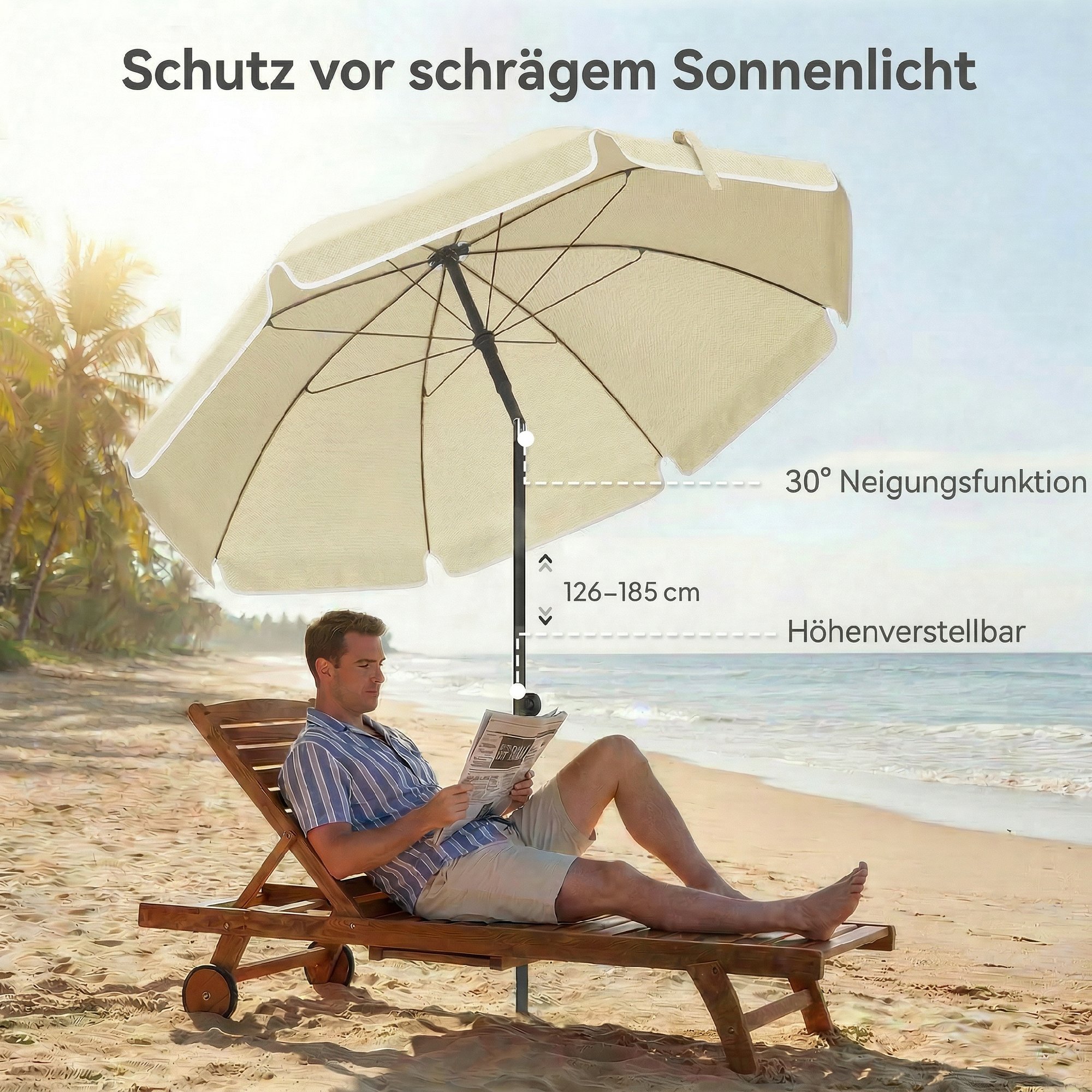 Sonnenschirm Strand Ø150 cm wasserabweisend faltbar Strandschirm mit Sandanker verstellbarer Neigung Tragetasche Beige
