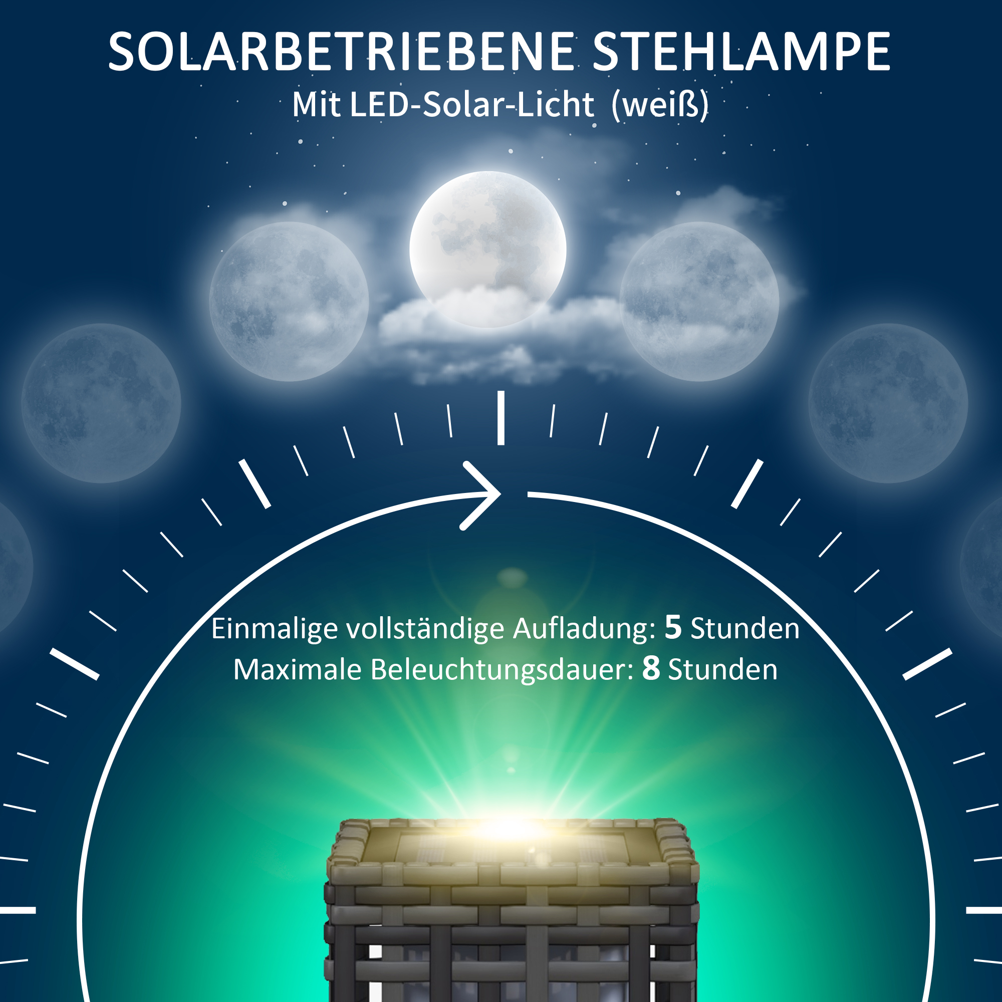 Außenleuchte mit Solarmodul, Einschaltautomatik, 8 h Betriebszeit, Rattanoptik, Stahl, 15,5 x 15,5 x 46 cm, Grau