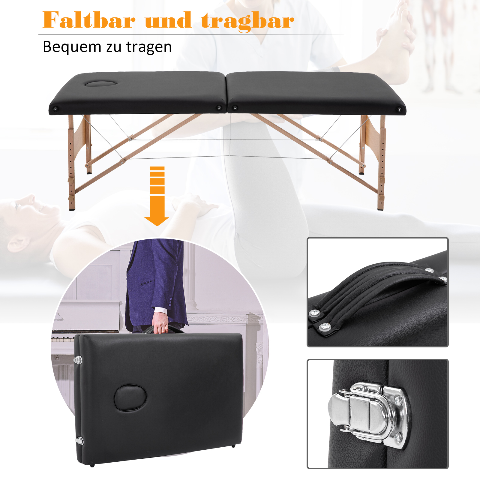 Massageliege 3 Zonen klappbar Massagetisch mit Kopfstütze Armlehne Tragetasche Holzfüßen höhenverstellbare Massagebett tragbar Kosmetikliege für Tattoo Spa Salon Schwarz