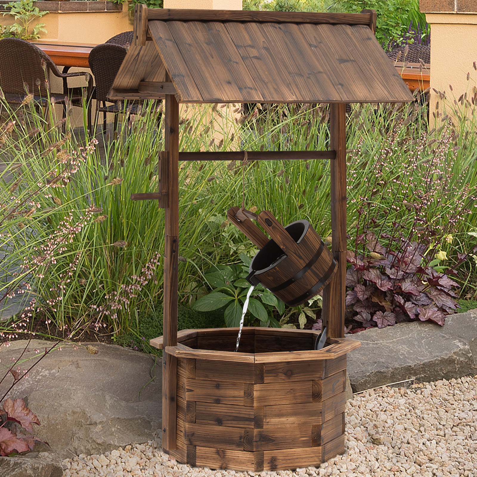 Gartenbrunnen, Zierbrunnen, Springbrunnen, Wasserfall, Regulierbar, Massivholz, Braun, 68 x 57 x 118 cm