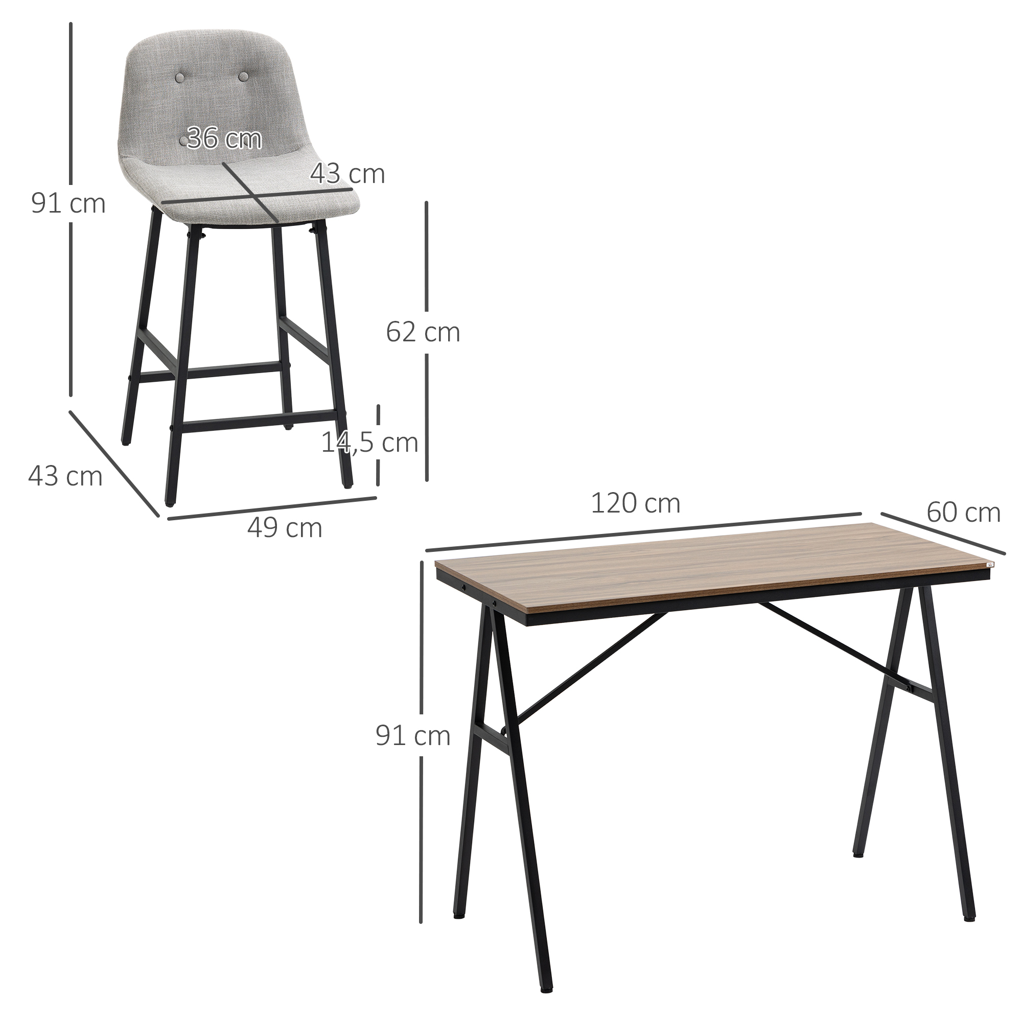 Bartisch mit Barhockern im Industrie-Design, Knopfheftung, 120 cm x 60 cm x 91 cm, Hellgrau